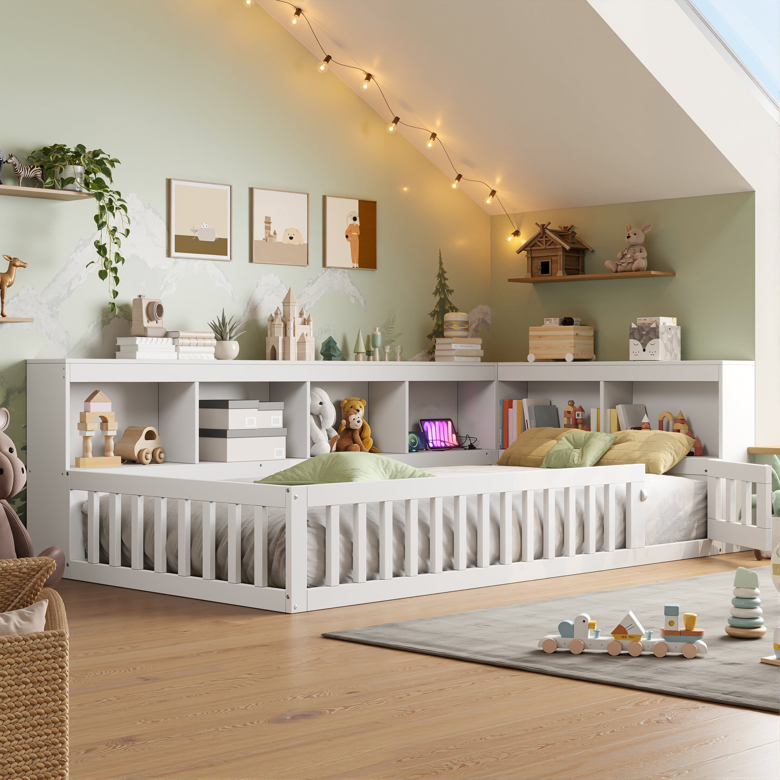 3ft Single Floor Bed Frame with Beside Bookcase and Storage Shelves, Full Floor Bed Frame with Guardrails and Door for Bedroom, USB and Type - C Ports, White (No Mattress)