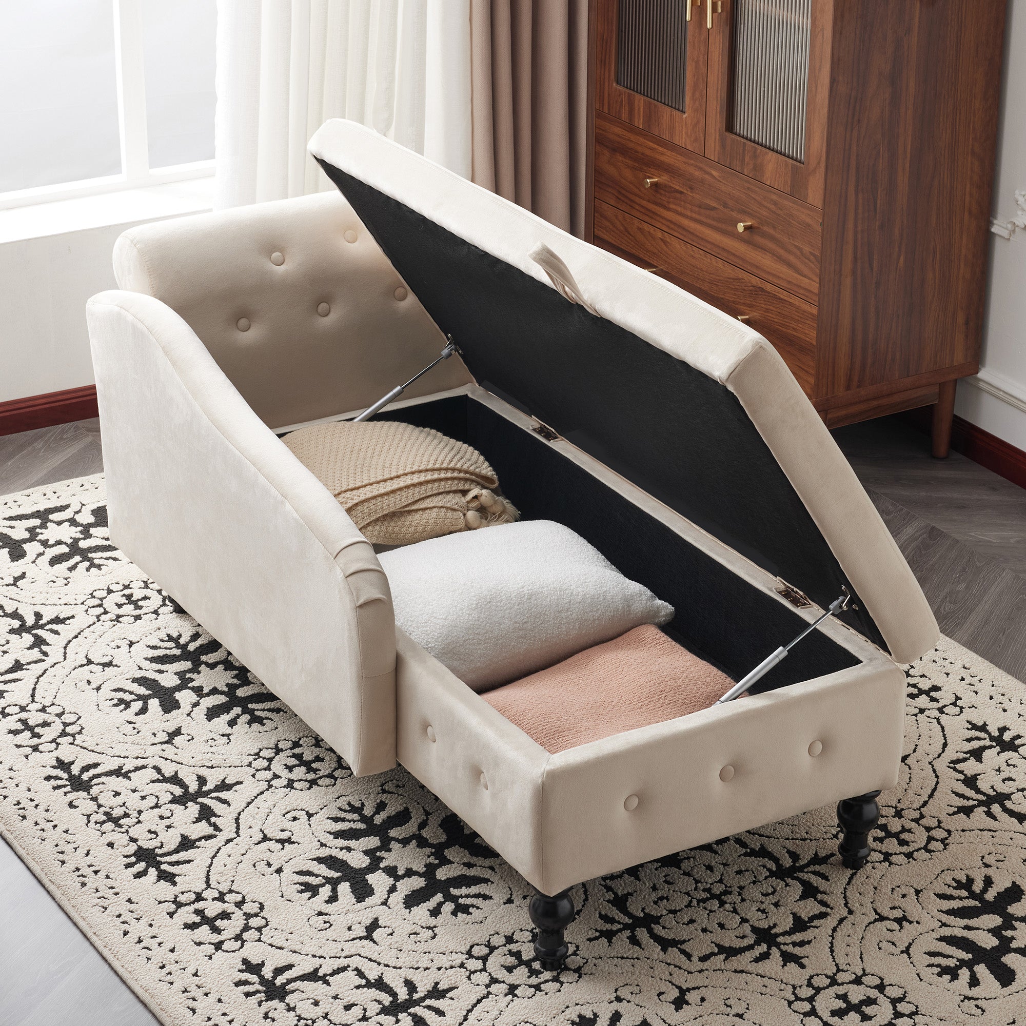 Velvet Chaise Lounge Sofa with Storage, Upholstered Chaise lounge Couch with Pillow for Living Room, Modern Nailhead-Trim & Button-tufted Lounge Chair, Bedroom and Office, Right Armrest