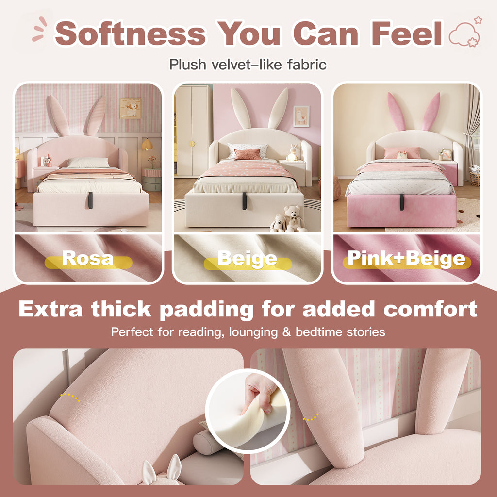 Bunny Ears Kids Bed, Single Upholstered Bed with Hydraulic Storage & Nightstand, Children Bed Frame for Girls Bedroom, 90 x 190 cm, Rose, No Mattress