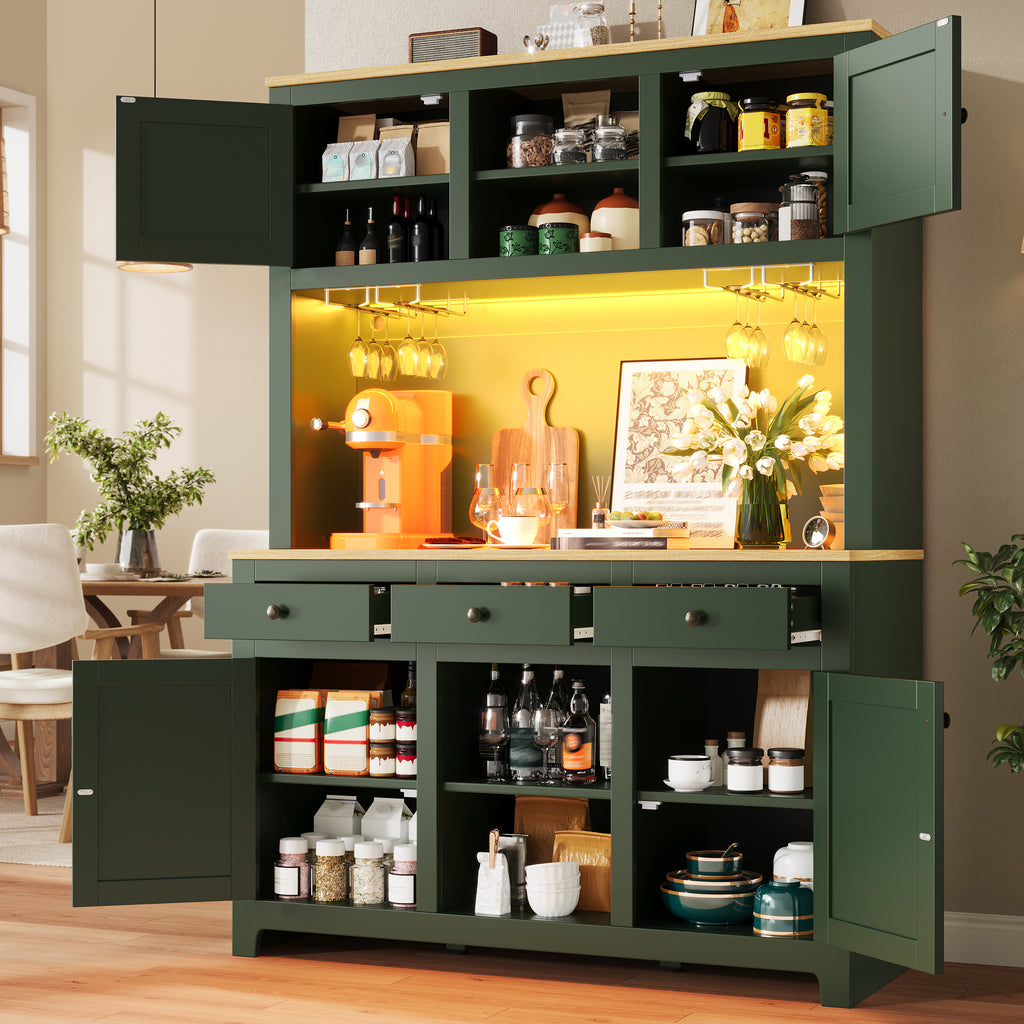 LED tall cabinet with lighting system, PE rattan cabinet with anti-tip device, large freestanding cabinet with adjustable shelves and drawers, vintage storage cabinet for kitchen, dining room
