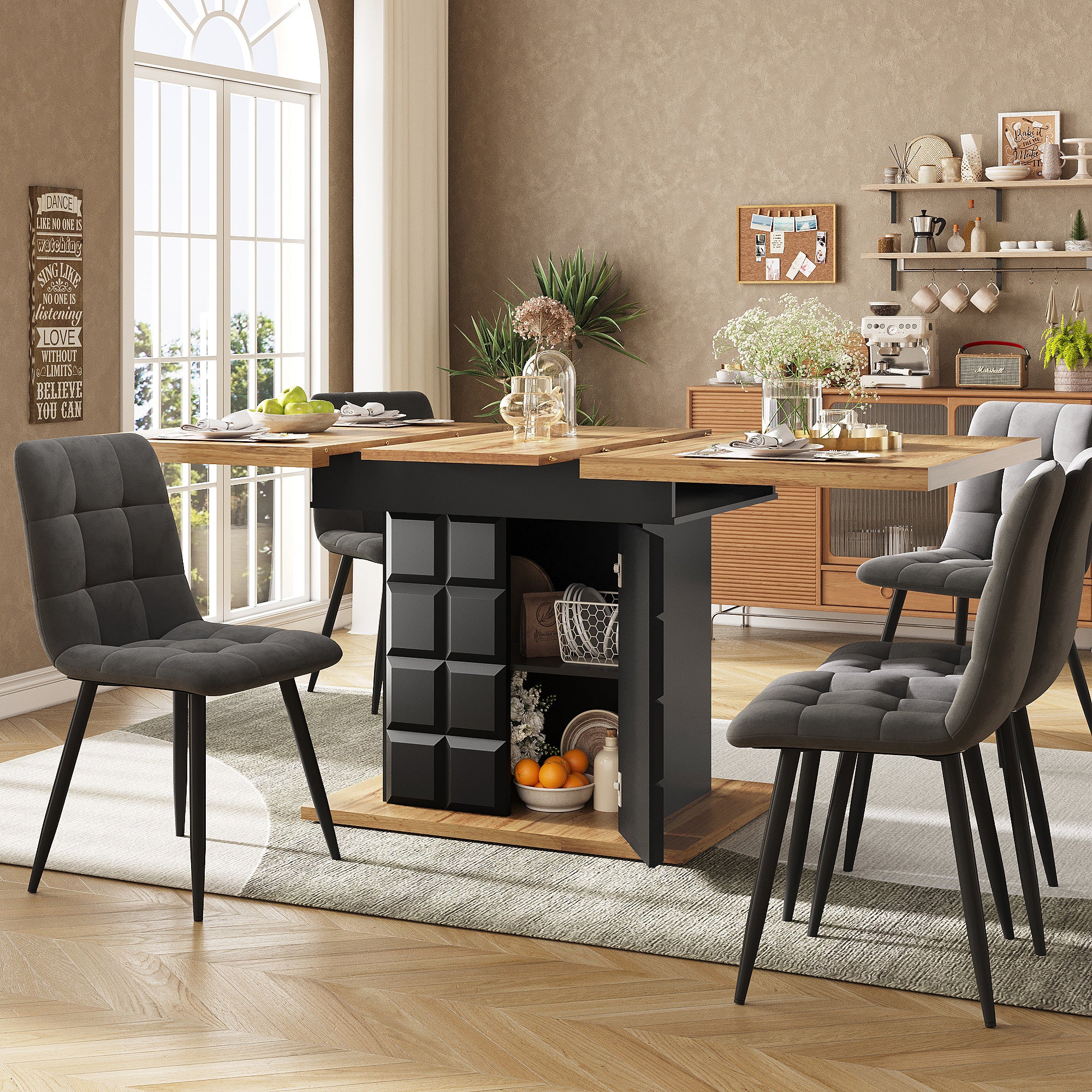 Telescopic dining table (110-140×80cm), foldable kitchen table for 4-6 people, extendable dining table, space-saving kitchen table, for kitchen and living room, table with a checked pattern