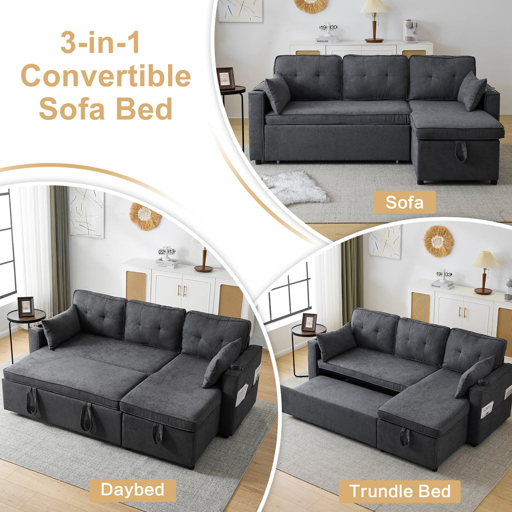 3-in-1 Convertible Sofa Bed with Internal Storage Chaise, L Shaped Sleeper Sofa Couches with Cup Holders, Pillows and Storage Pocket. Pullout Sectional Daybed for Living Room/Bedroom/Office, Grey