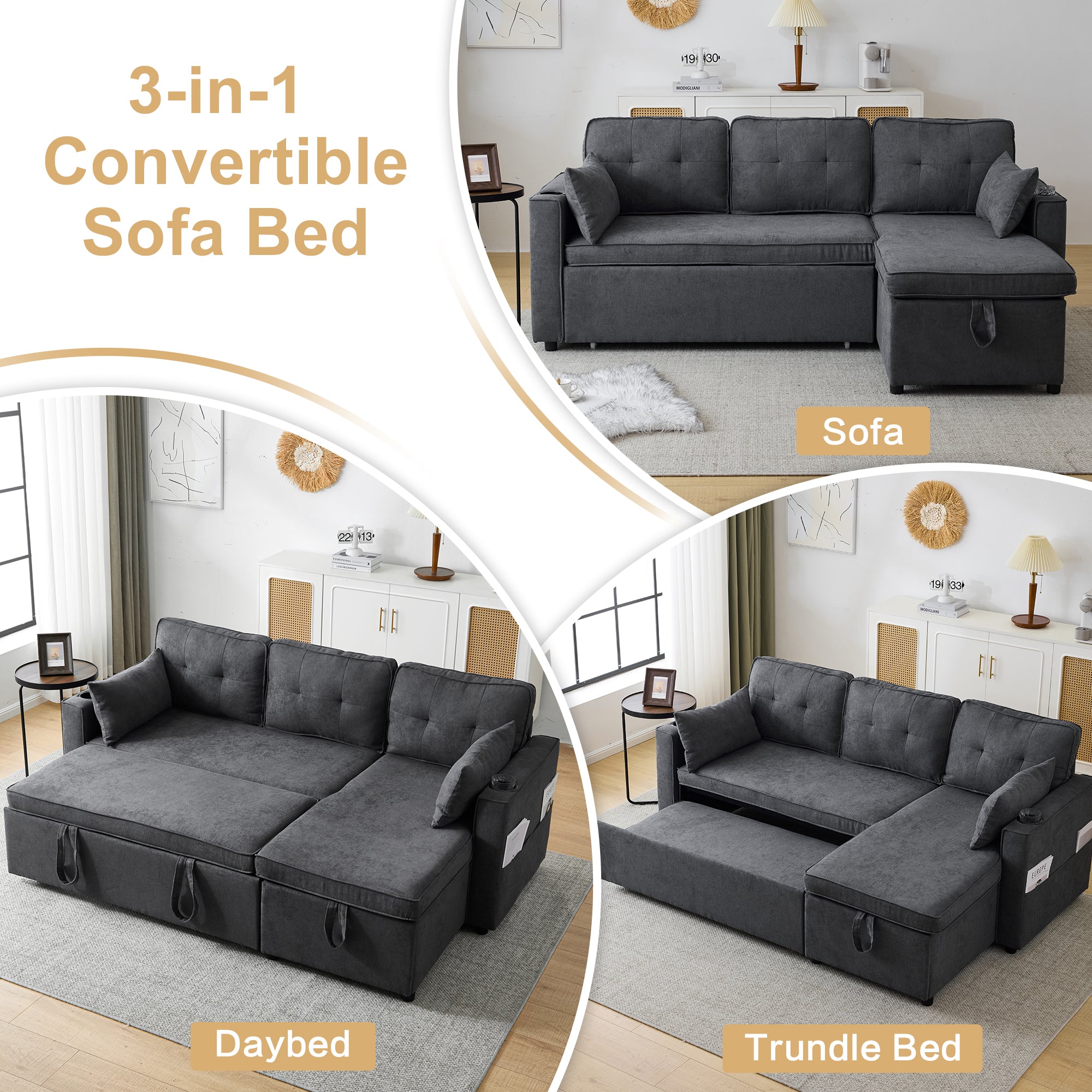 3-in-1 Convertible Sofa Bed with Internal Storage Chaise, L Shaped Sleeper Sofa Couches with Cup Holders, Pillows and Storage Pocket. Pullout Sectional Daybed for Living Room/Bedroom/Office, Grey