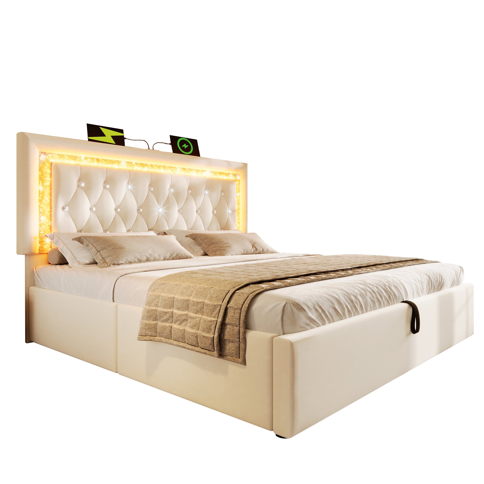 Upholstered Super King Size Bed 180 x 200 cm with LED Lighting, USB Type-C Charging, 6ft Hydraulic Storage Bed with Adjustable Diamond Tufted Headboard, Velvet, Beige (No Mattress)