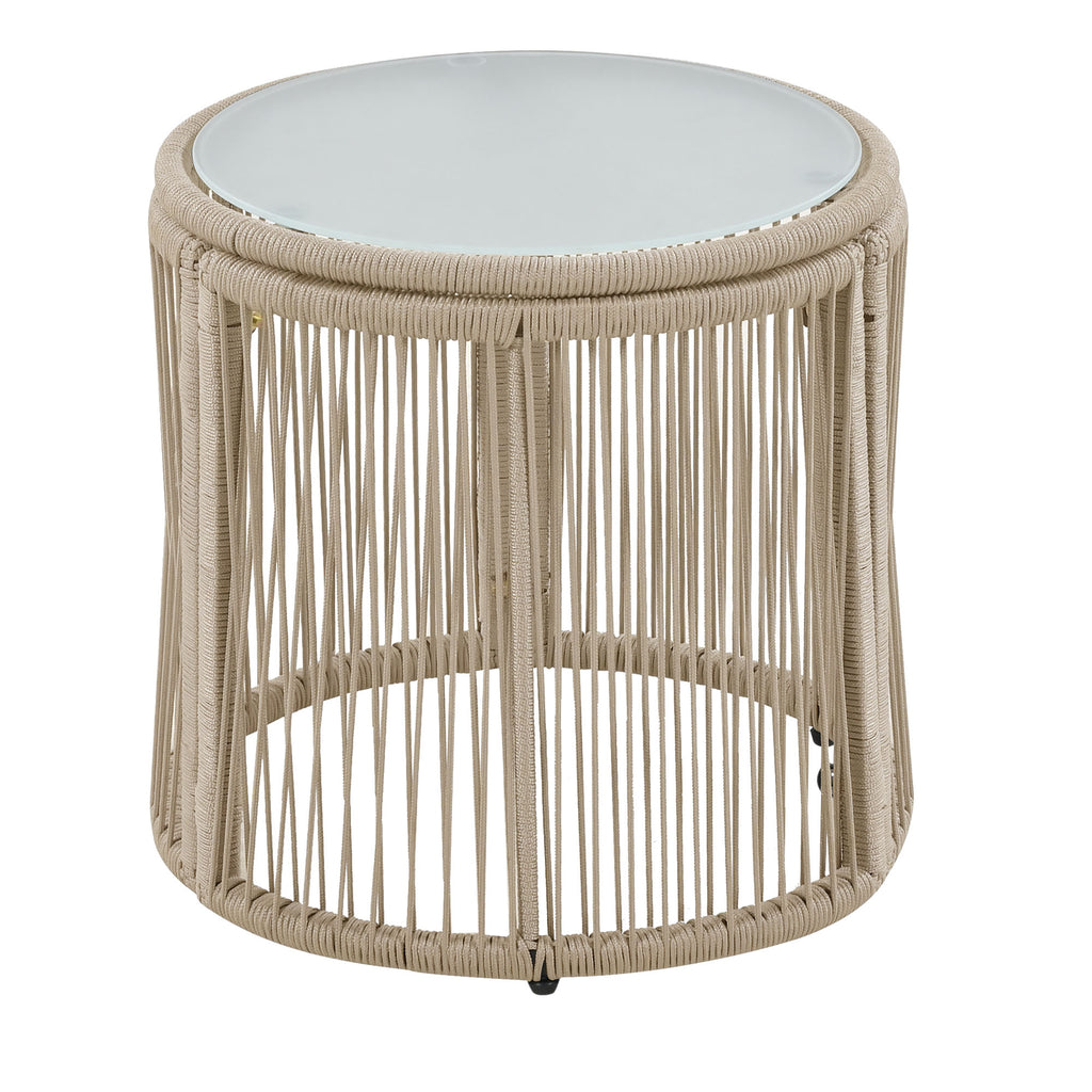Garden lounge sofa set, outdoor furniture set, iron frame and beige rope weave, beige, two armchairs, two two-seater sofa and two round tables (all cushions included)