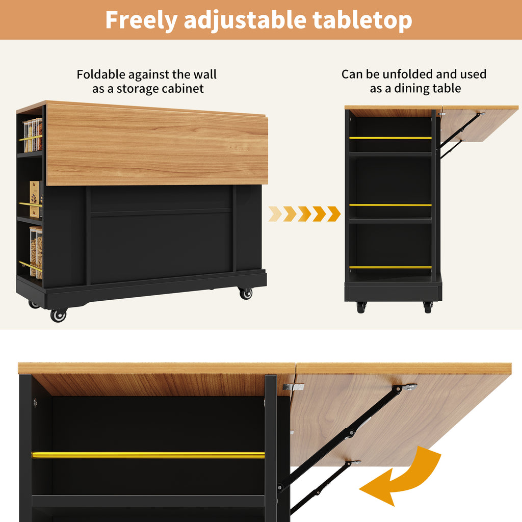 Kitchen Island on Wheels, Rolling Island Cart with 2 Drawers and Double-Sided Storage Racks, Storage Cabinet with Foldable Worktop, Mobile Carts, Portable Trolley for Home and Kitchen, Black