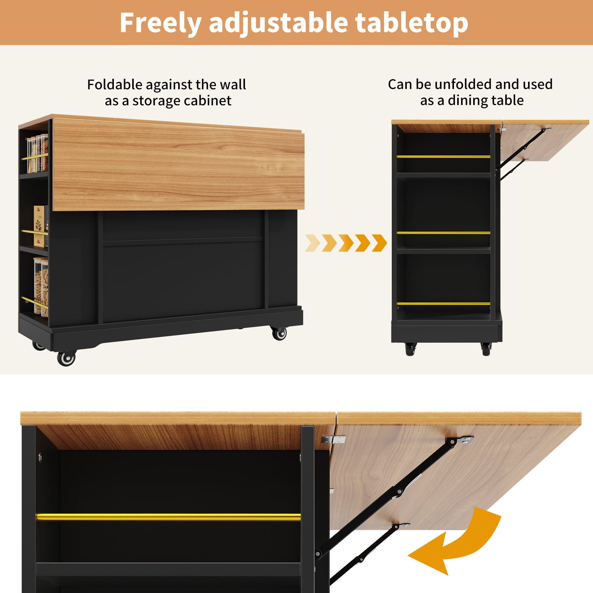 Kitchen Island on Wheels, Rolling Island Cart with 2 Drawers and Double-Sided Storage Racks, Storage Cabinet with Foldable Worktop, Mobile Carts, Portable Trolley for Home and Kitchen, Black