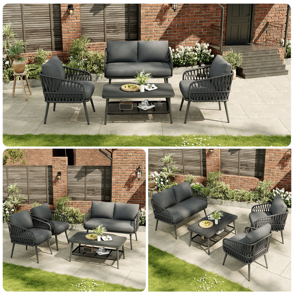 4 Seater Garden Set with Plastic Wood Storage Coffee Table, Polyester Rope Outdoor Set with Sofa and Armchairs, Weatherproof Outdoor Patio Sofa for Balcony and Terrace, Linen, Grey