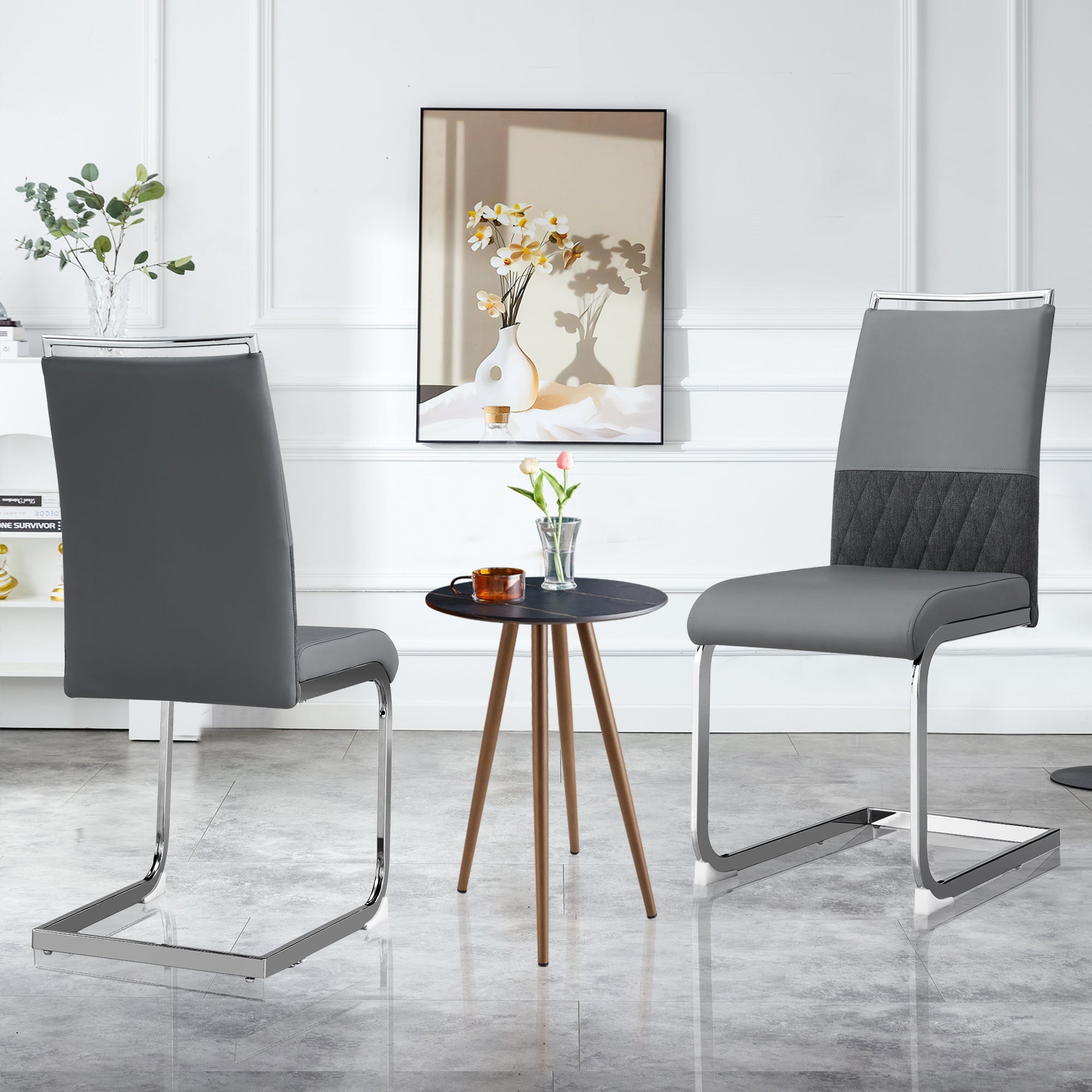 Modern dining chairs set of 2, backrest made of PU faux leather and linen, high back padded side chair, horizontal stripes backrest design for dining room, kitchen, guest office chair, gray