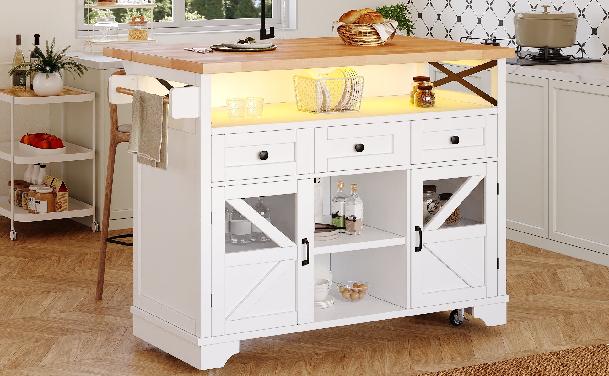Multifunctional Mobile Kitchen Island Cart - with App-Controlled LED, Drop-Leaf Table, 3 Drawers & 2 Doors, Bar Sideboard with Storage