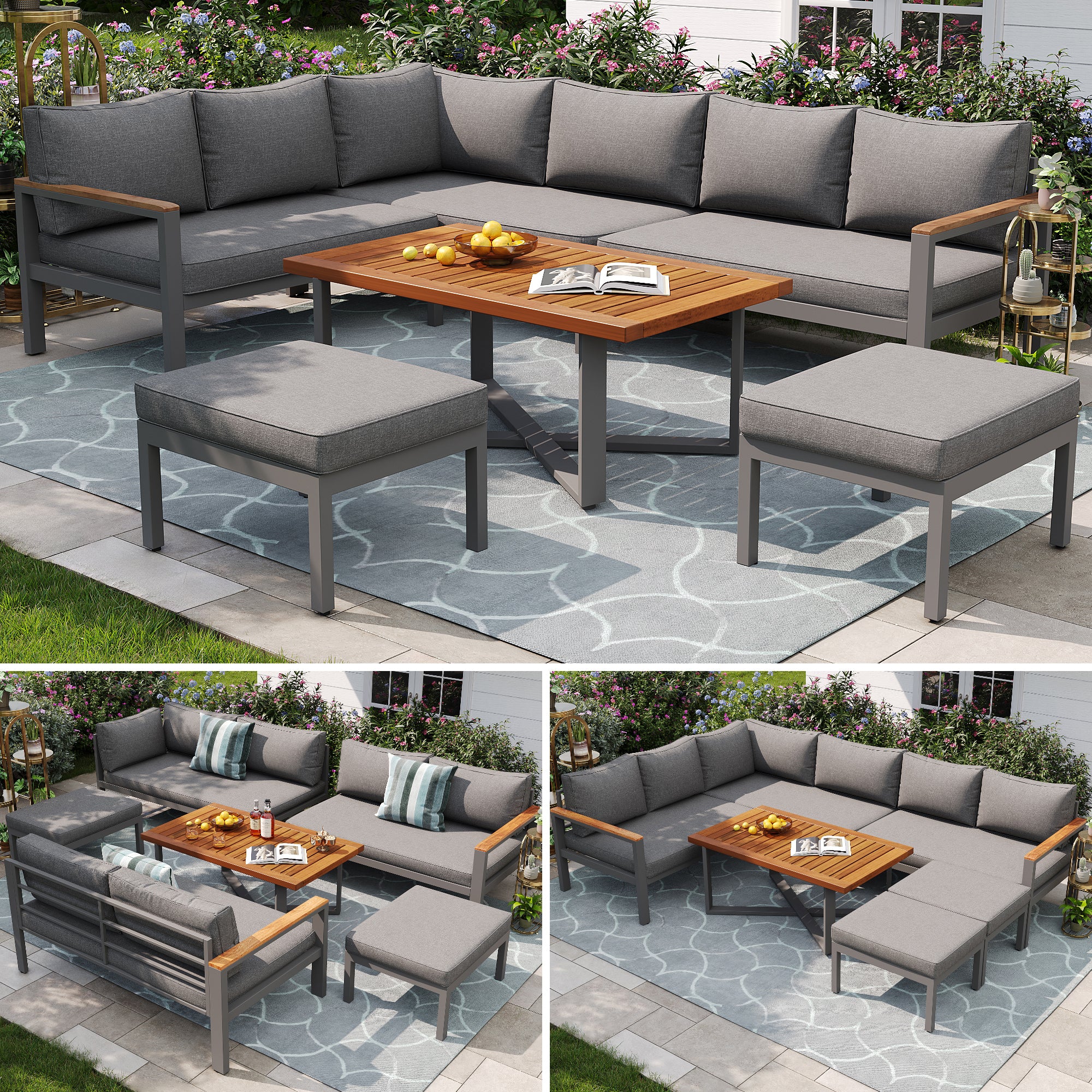 Outdoor Patio&Backyard Furniture Garden Lounge Set for 7-8 people, Thick Quality Space Saving L-Shaped Corner Sofa with Wooden Coffee Table and 2 Stool Table Box, Grey