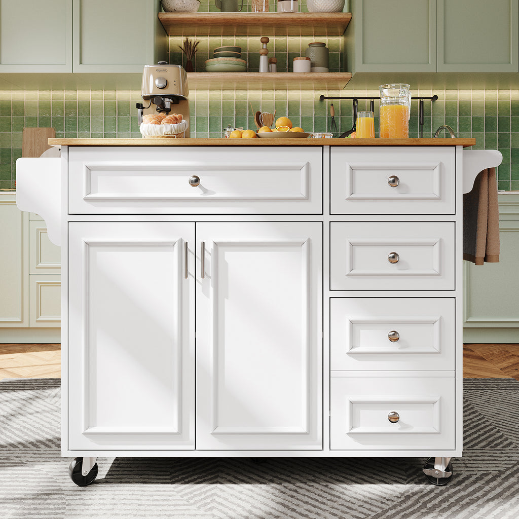 Kitchen island (110×45-75×92cm), removable serving trolley buffet cabinet, dining trolley with vintage pattern, buffet cabinet, multifunctional dining table with storage space, White