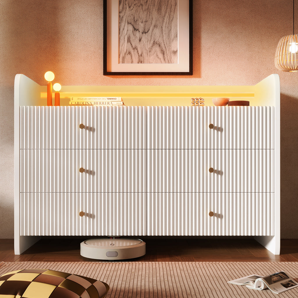 Fluted 6-Drawer Sideboard, Modern Storage Cabinet with RGB LED Lighting & Shelves,, Chest of Drawers for Living Room Bedroom Dining Room Office, 75x 120 x 40 cm, White