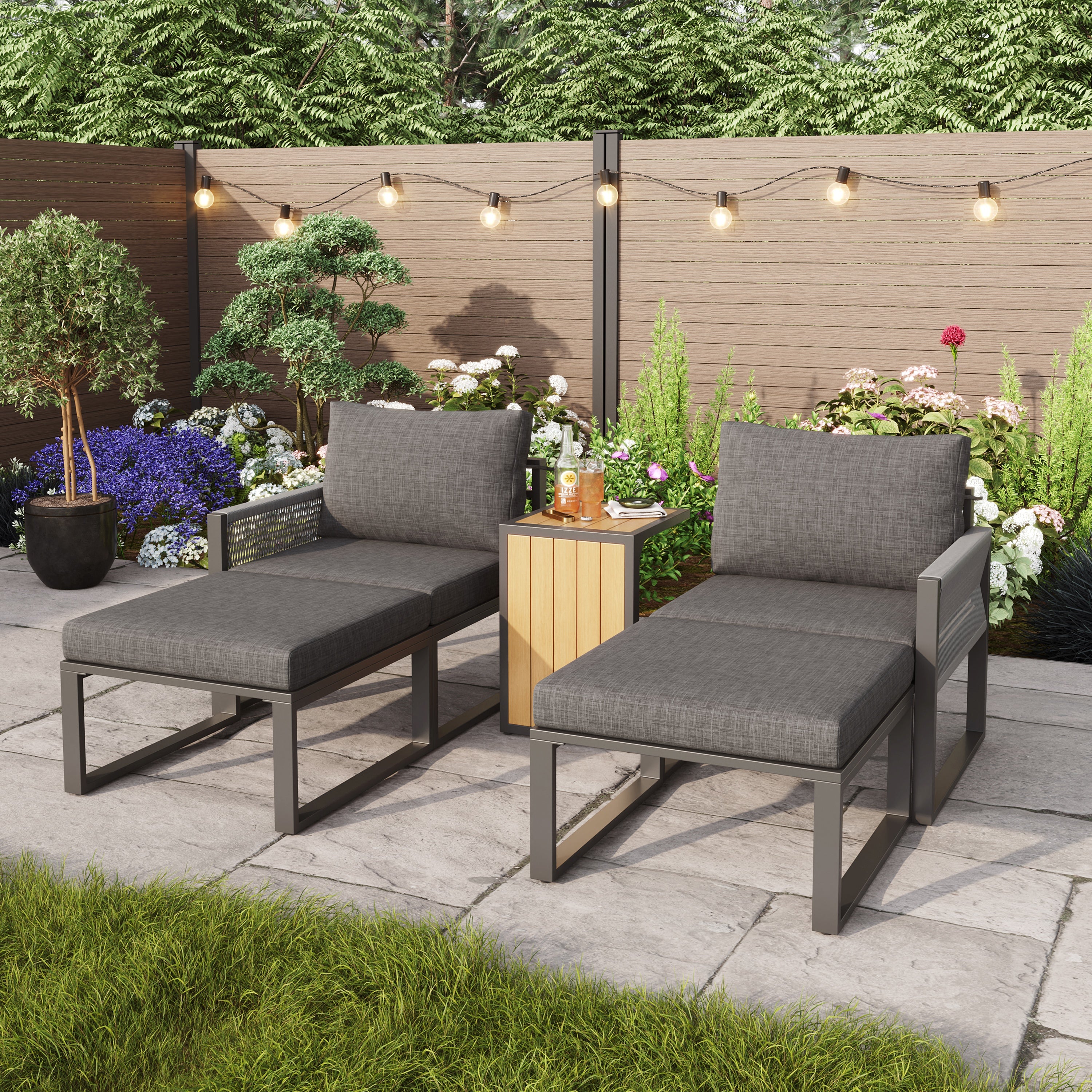 2-4 Seater Modular Garden Furniture Set with Plastic Wood Table, Flexible Corner Sofa with Polyester Rope and Waterproof Linen Fabric, Weatherproof Outdoor Patio Lounge Set, Grey