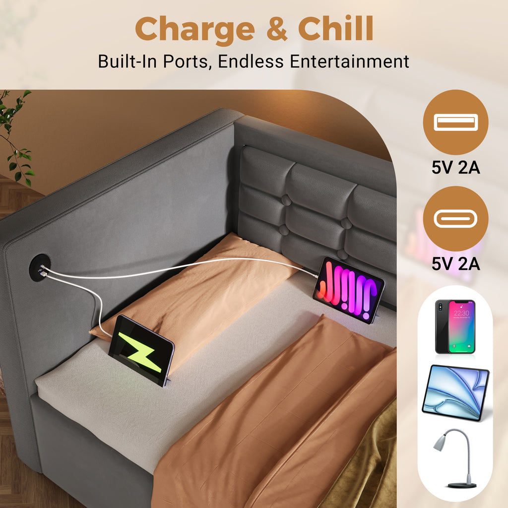 Daybed Upholstered Bed 90 x 190 cm, 3FT Single Sofa Bed with USB &Type-C Charging Station,  Hydraulic Storage Bed for Living Room and Bedroom, Velvet, Grey (No Mattress)