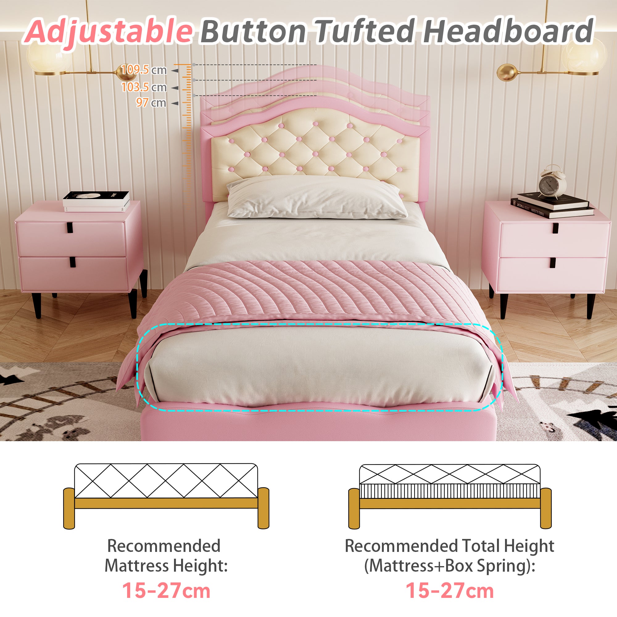 3ft Single Upholstered Bed Frame with Adjustable Chic Button-Tufted Headboard, PU Faux Leather Bed Frame with Solid Wood Slat, No Box Spring Needed, Easy Assembly, Pink+Beige (No Mattress)