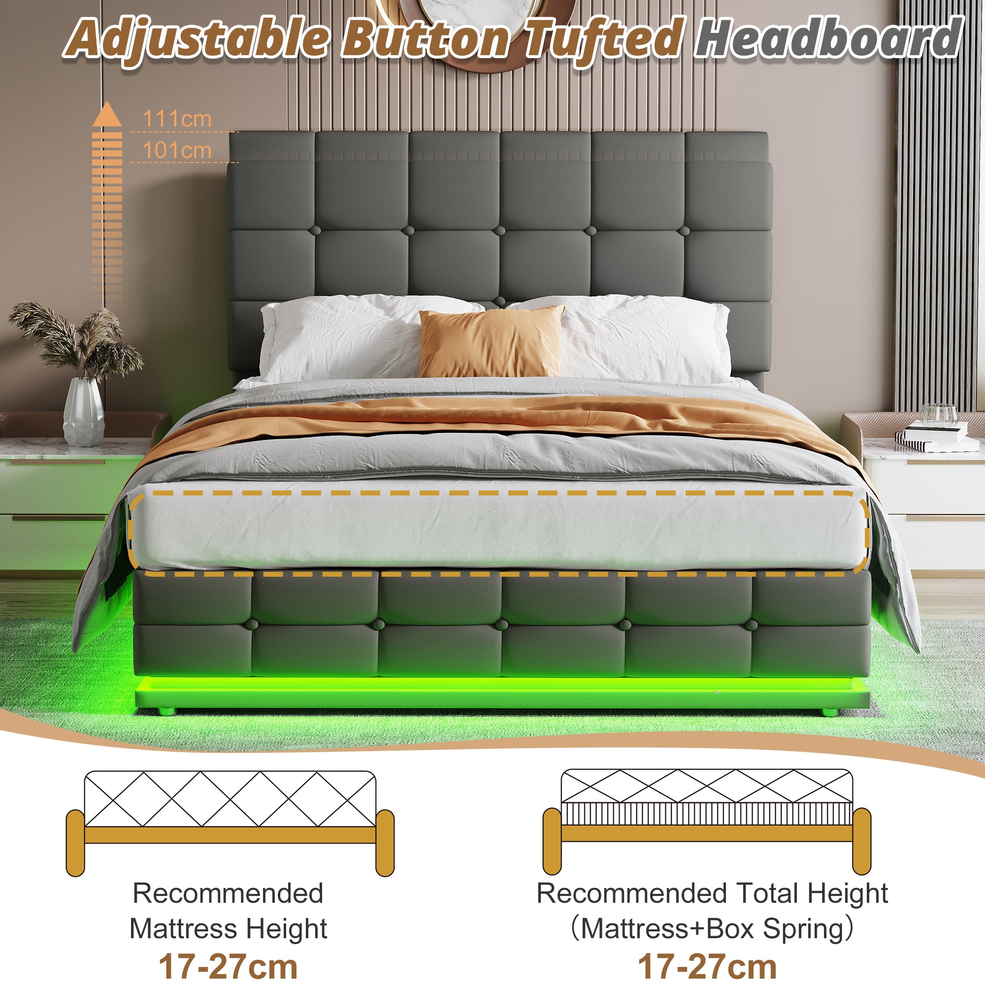 Ottoman Double Bed with LED Lighting, PU Leather Upholstered Bed with Hydraulic Storage, 4ft6 Double Bed Frame with Adjustable Button Tufted Headboard, No Box Spring Needed, Grey (No Mattress)