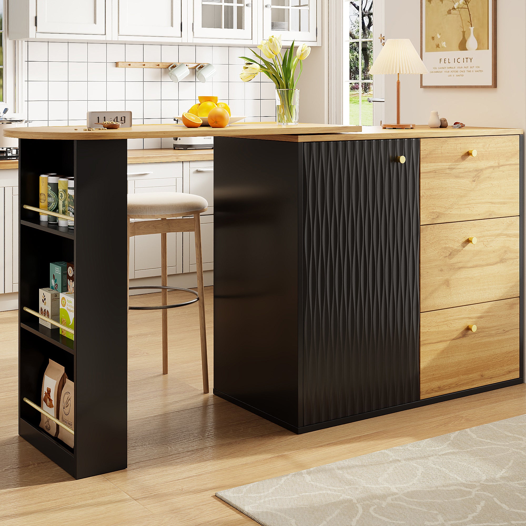 Extendable bar table with storage space (138–204 × 39 × 104 cm), 360° rotating dining bar, modern mobile bar table, high table kitchen island bistro table, sideboard with wood grain finish