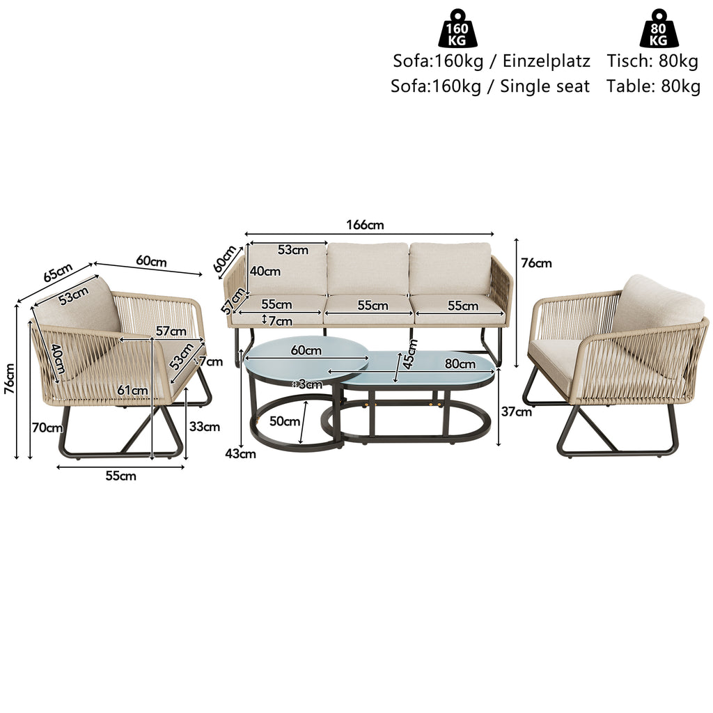 Outdoor Patio&Backyard Furniture Garden Lounge Set, Thick Quality Space Saving Sofas with Glass Coffee Table, Beige