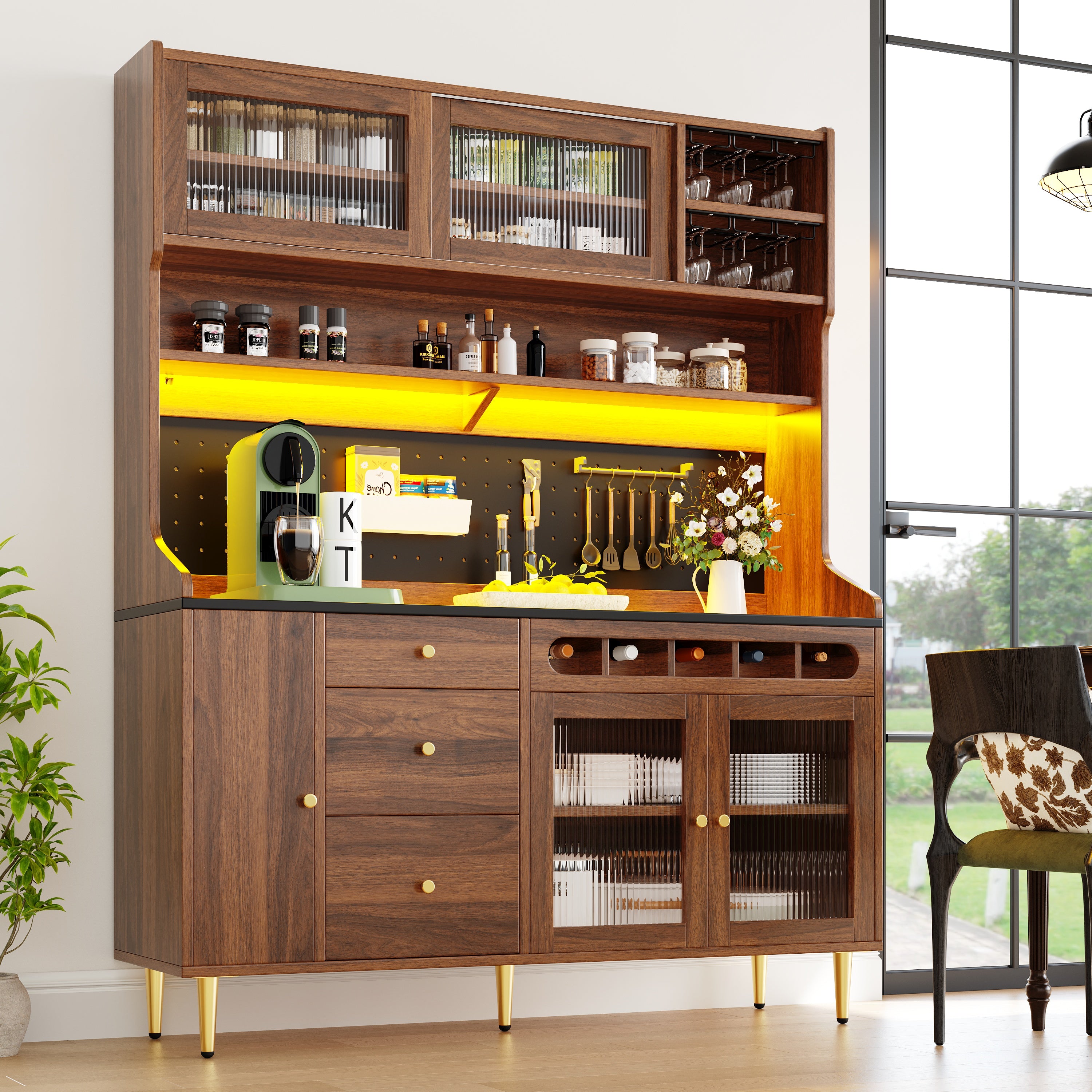Highboard with Adjustable Shelves & LED Lights, Freestanding Storage Unit for Living Room Kitchen Dining, Tall cabinet with wine rack, Dimensions 145x39x171cm,Walnut color