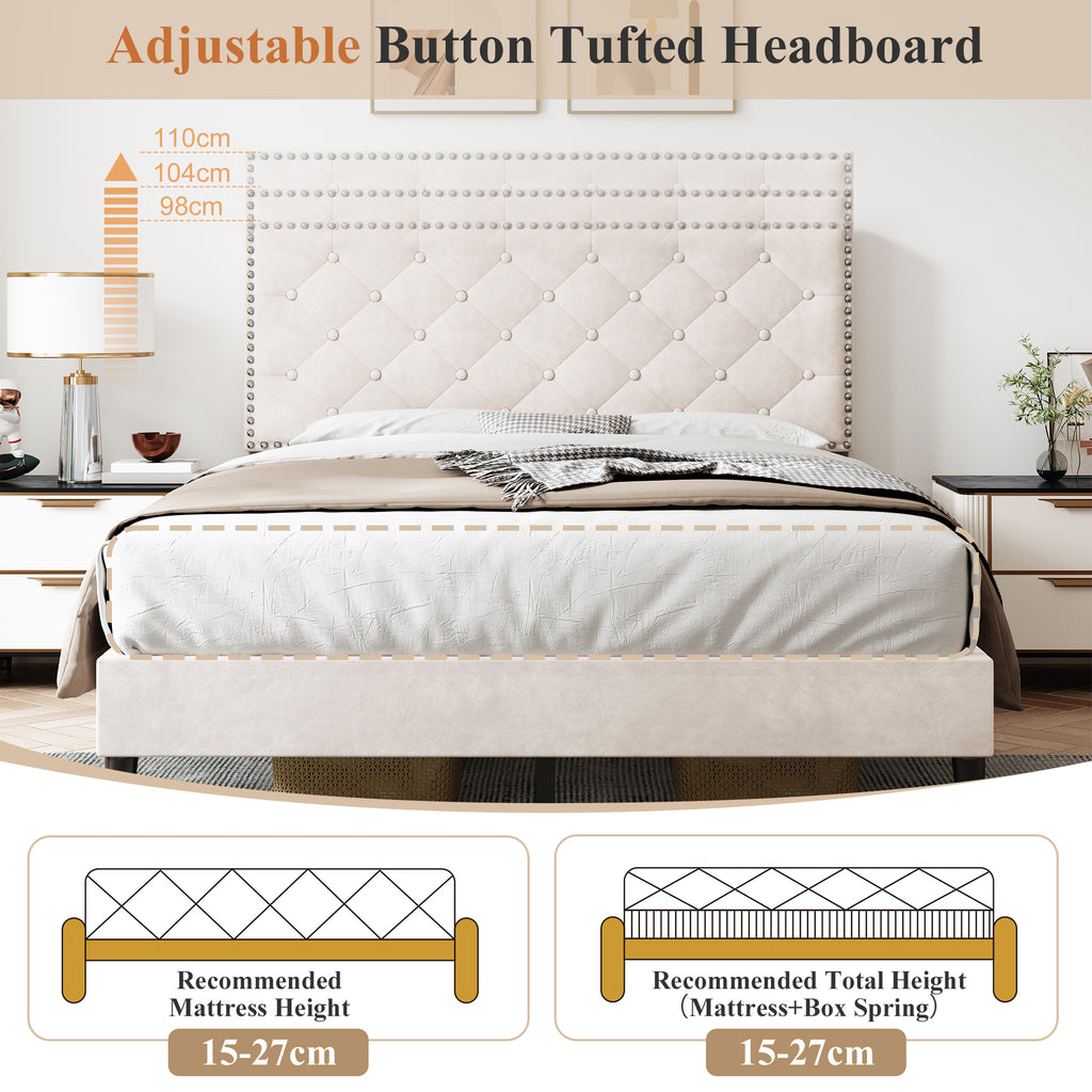 4ft6 Double Upholstered Velvet Bed Frame, with Adjustable Button-Tufted & Riveted Headboard, Velvet Platform Bed Frame with Solid Wood Slat and Mute Foam, No Box Spring Needed, Easy Assembly, Beige