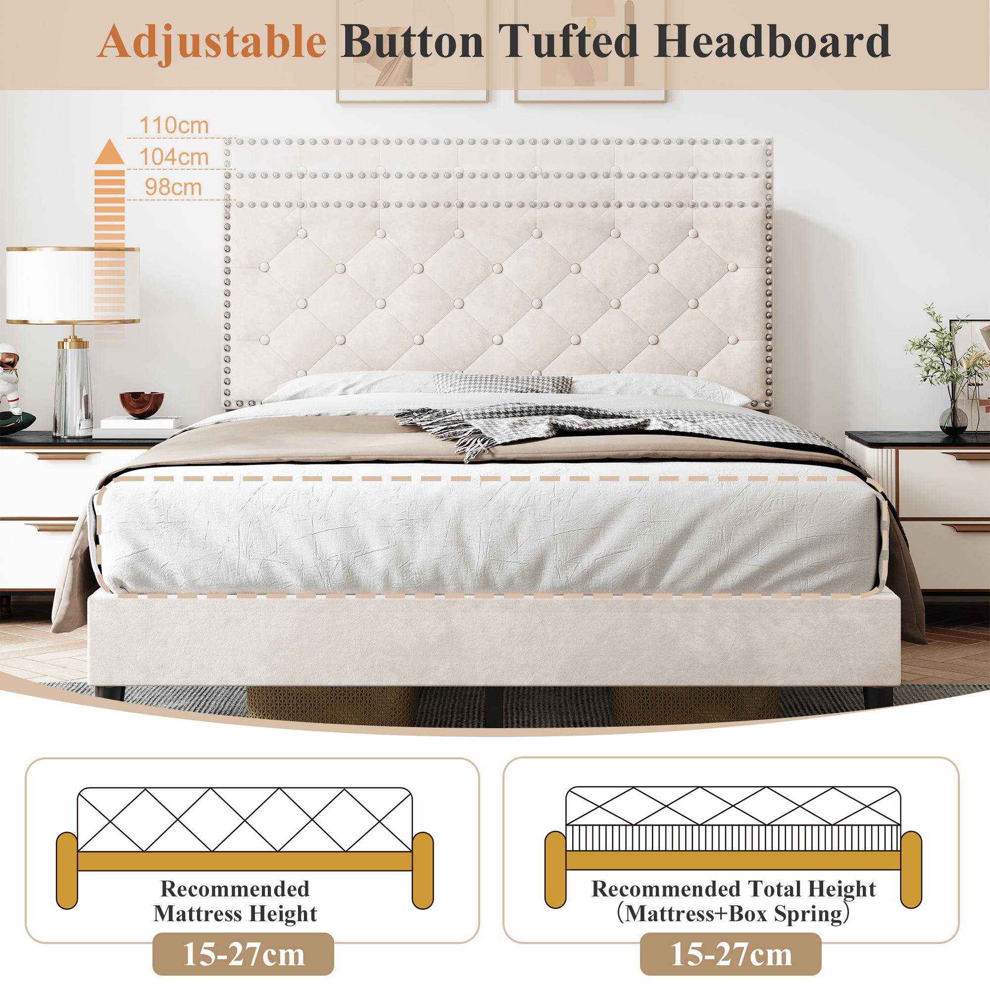 4ft6 Double Upholstered Velvet Bed Frame, with Adjustable Button-Tufted & Riveted Headboard, Velvet Platform Bed Frame with Solid Wood Slat and Mute Foam, No Box Spring Needed, Easy Assembly, Beige