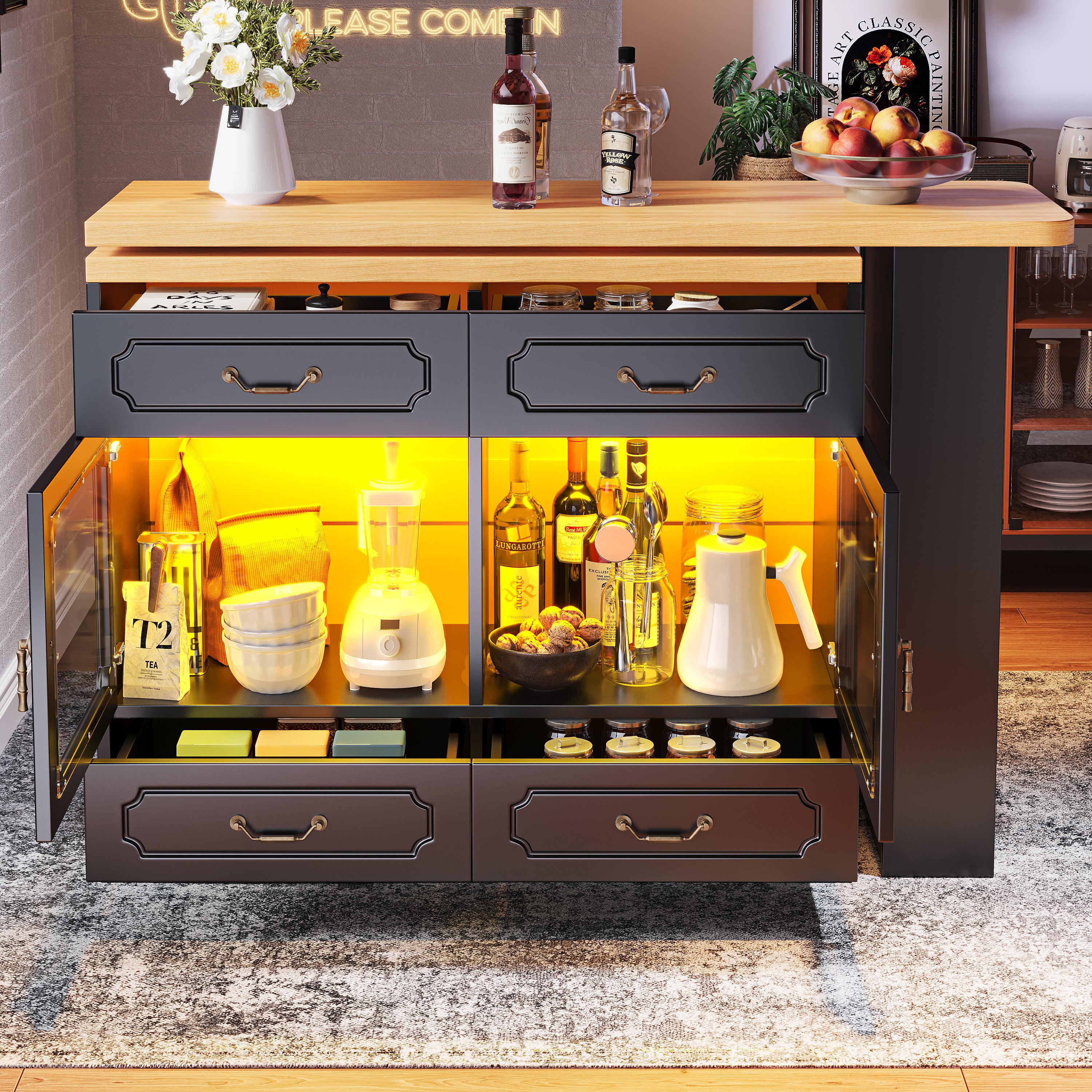 360° rotation, bar table (main body 135-203 x 39 x 92.8 cm), coffee bar furniture, rotatable dining bar with storage, kitchen island, double doors with four drawers, 3-tier open storage space, black