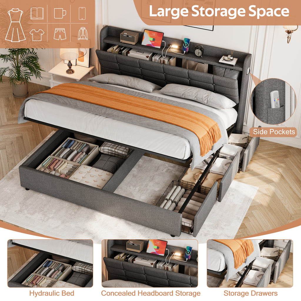 5ft King Bed Frame with Hydraulic Storage, Linen Upholstered  Bed with Concealed Headboard Storage and Drawers, Button Tufted Headboard with Charging Station and LED Night Light, Grey (No Mattress)