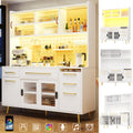 Modern sideboard with LED lighting, tall cabinet for kitchen and living room, storage cabinet with perforated wall, drawer and glass shelves, white