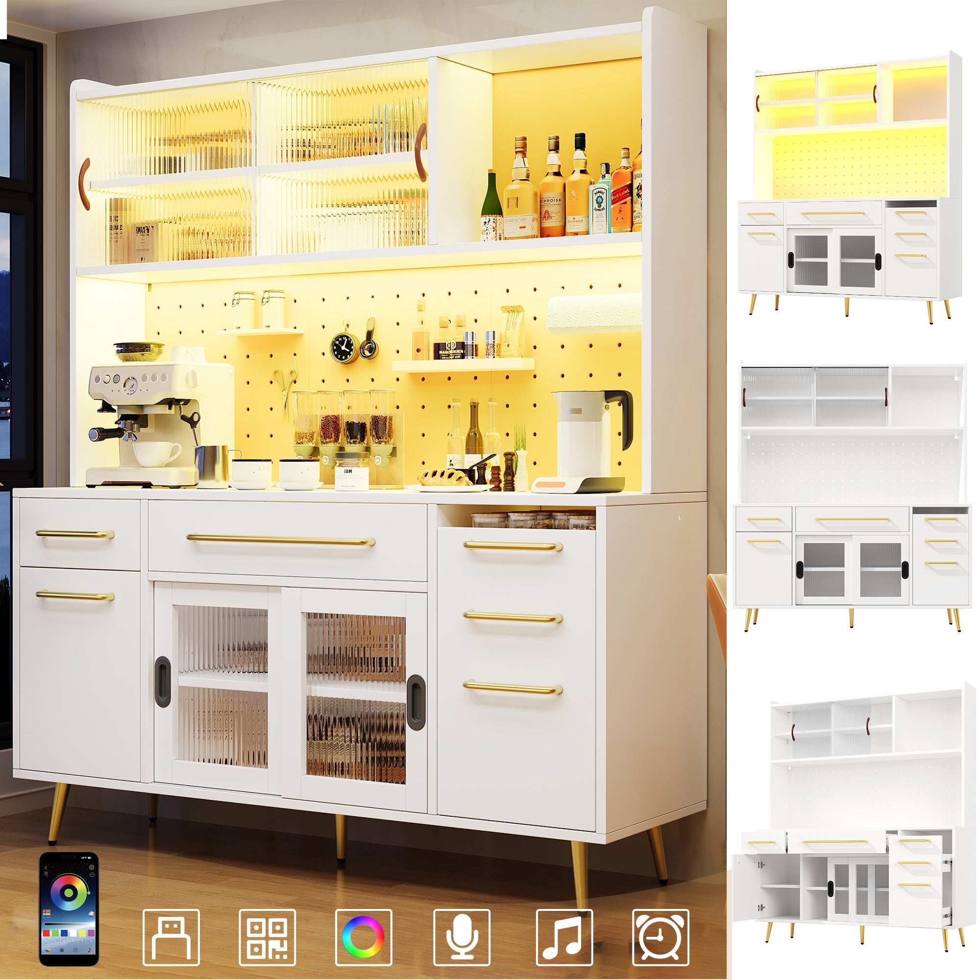 Modern sideboard with LED lighting, tall cabinet for kitchen and living room, storage cabinet with perforated wall, drawer and glass shelves, white