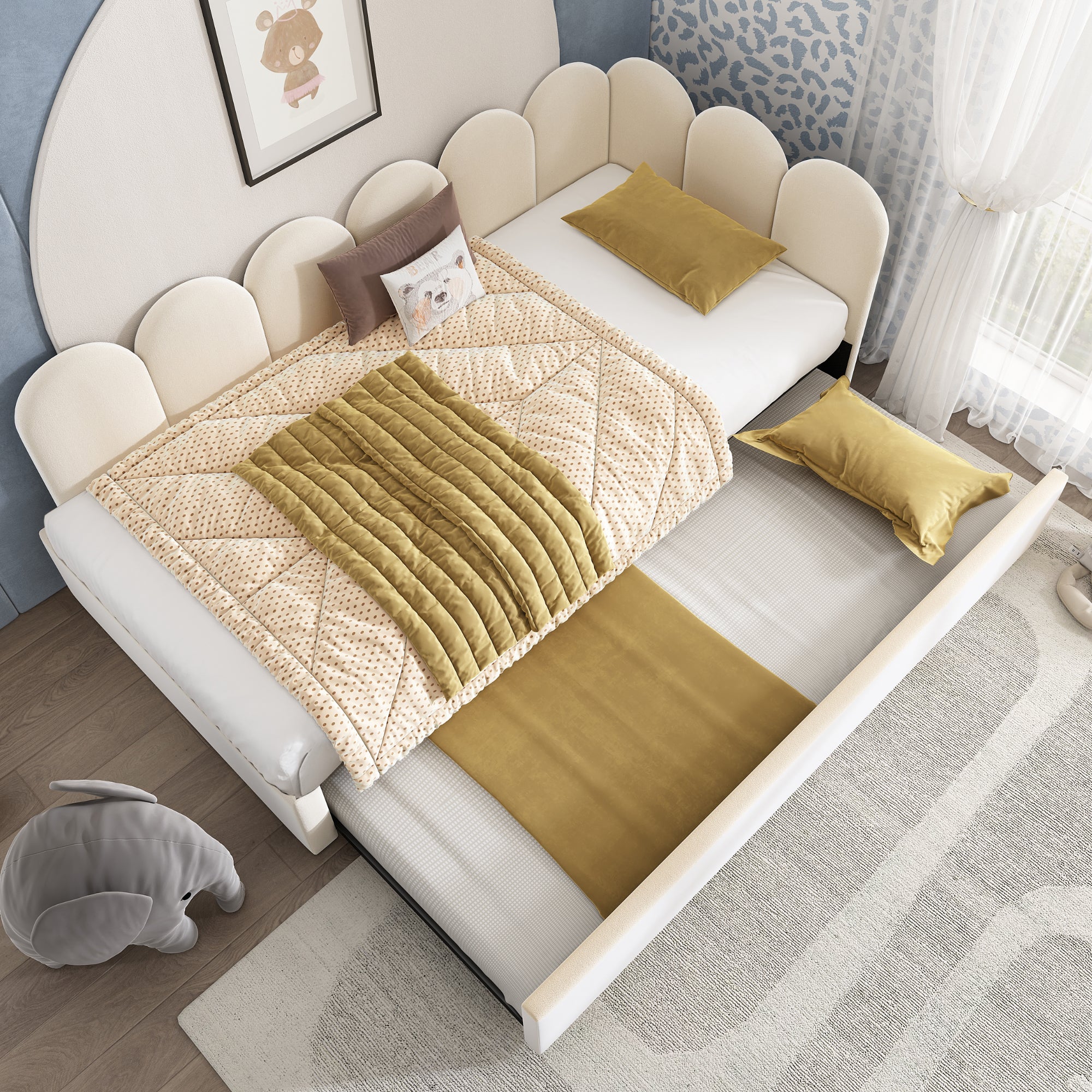 Upholstered Bed Daybed with Pull-Out Bed, 3FT Single Sofa Bed 90 x 190 cm, Guest Beds for Adults and Children, Bed with Slatted Frame, Velvet, Beige (No Mattress)