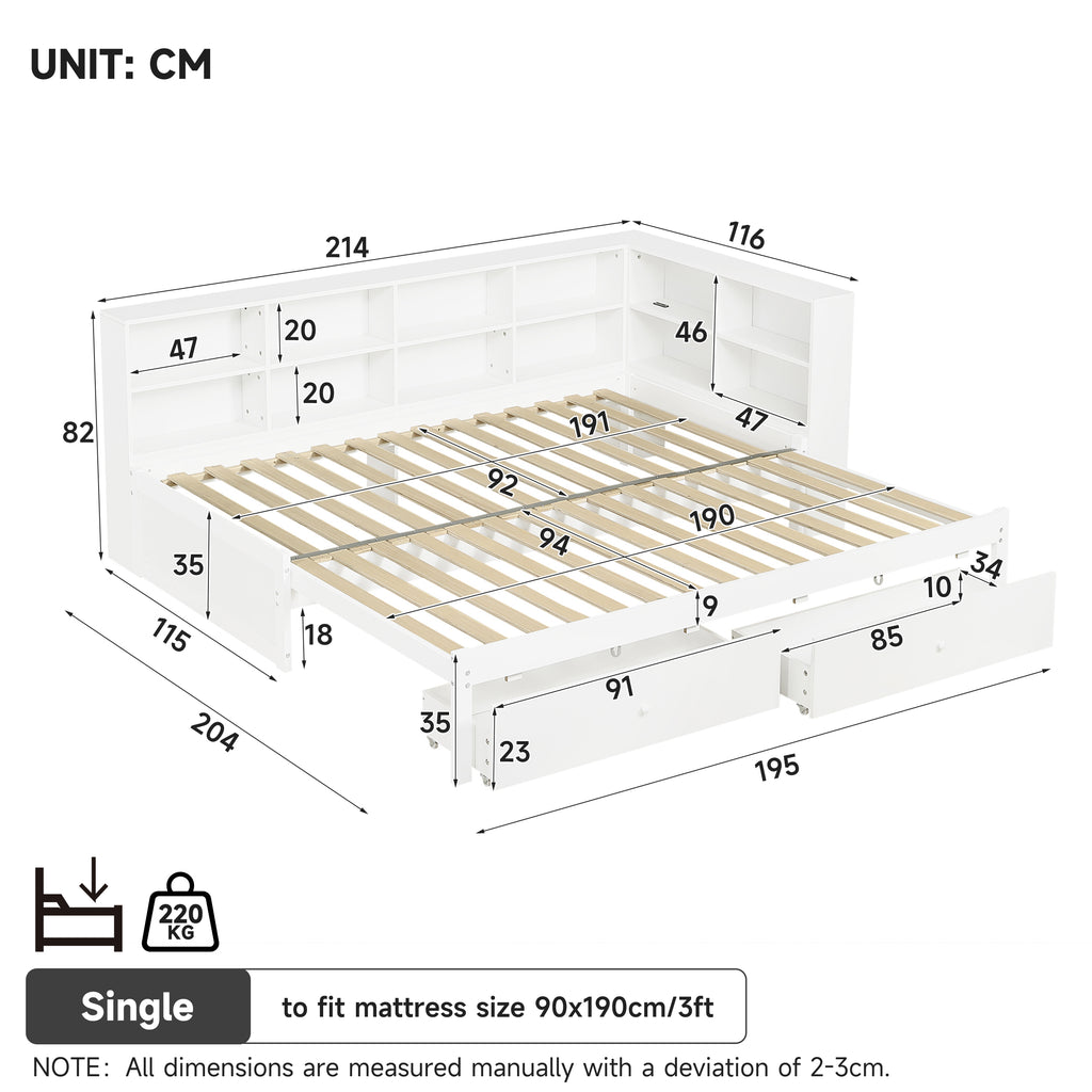 3ft Single Daybed with Two Storage Drawers and Beside Storage, Modern Pull-out Trundle Bed with Charging Station, Wood Bed for Living Room/ Bedroom/ Study Room, 90X190cm, White (No Mattress)