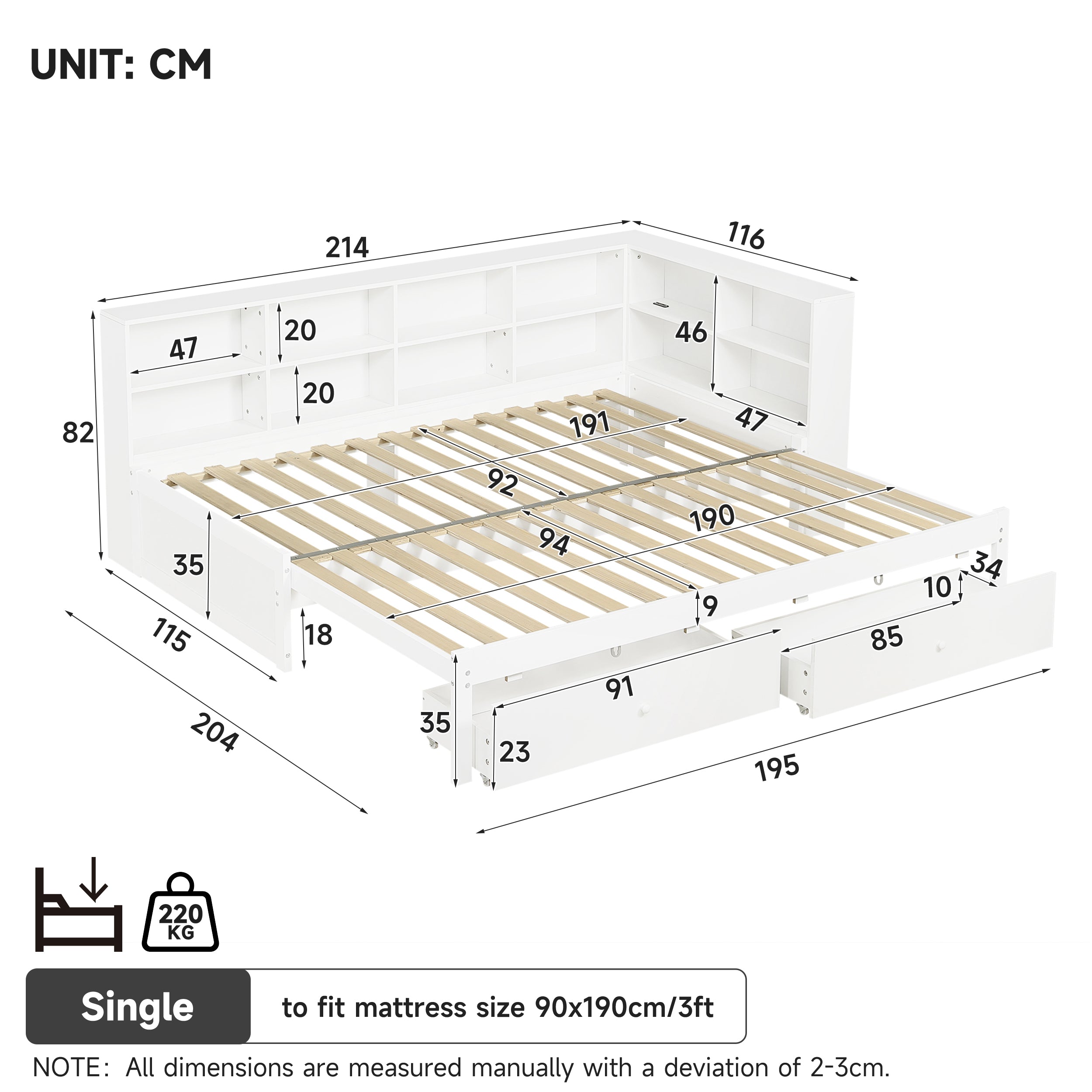 3ft Single Daybed with Two Storage Drawers and Beside Storage, Modern Pull-out Trundle Bed with Charging Station, Wood Bed for Living Room/ Bedroom/ Study Room, 90X190cm, White (No Mattress)