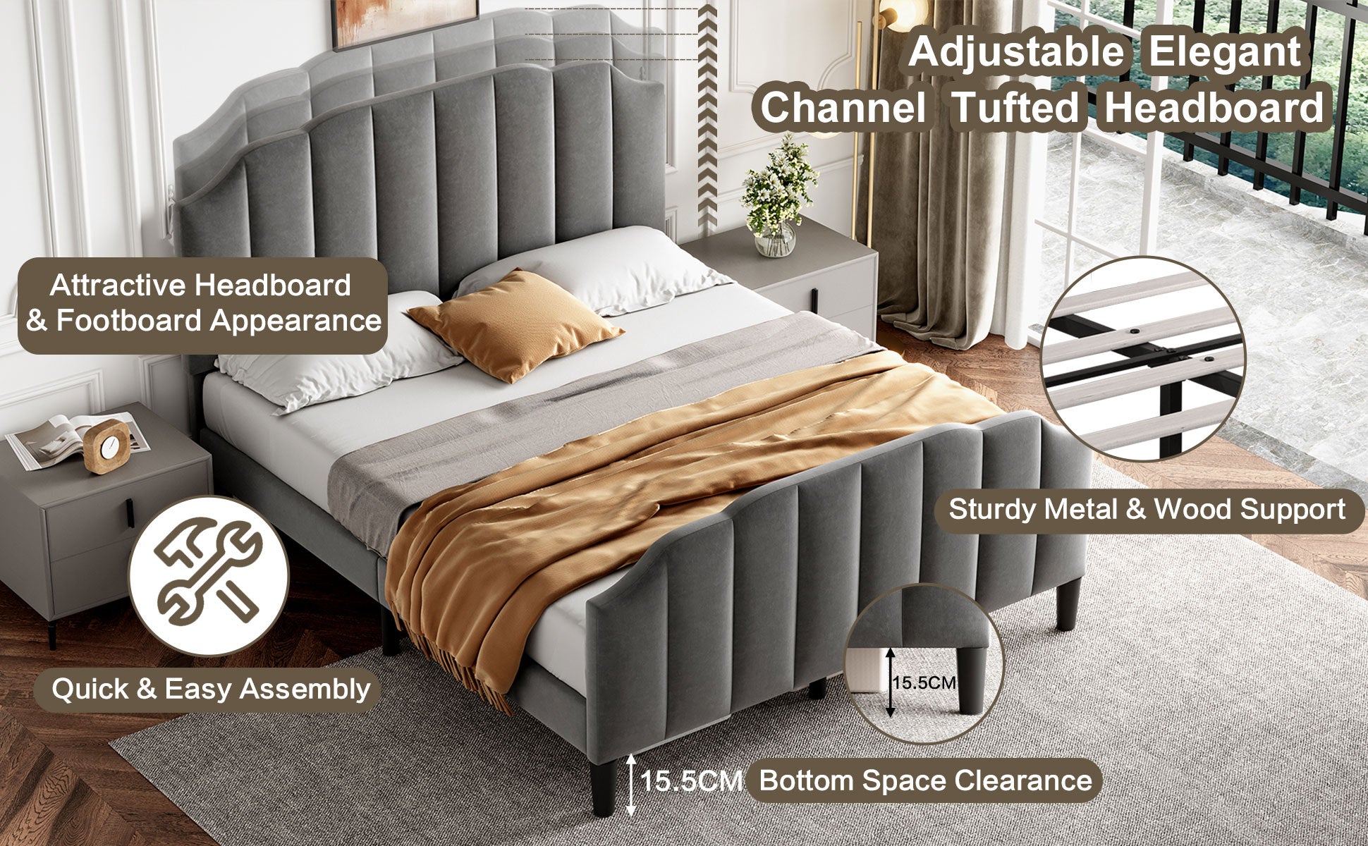 4ft6 Double Upholstered Bed Frame with Adjustable Chic Channel-Tufted Headboard, Velvet Platform Bed Frame with Solid Wood Slat and Mute Foam, No Box Spring Needed, Easy Assembly, Grey (No Mattress)