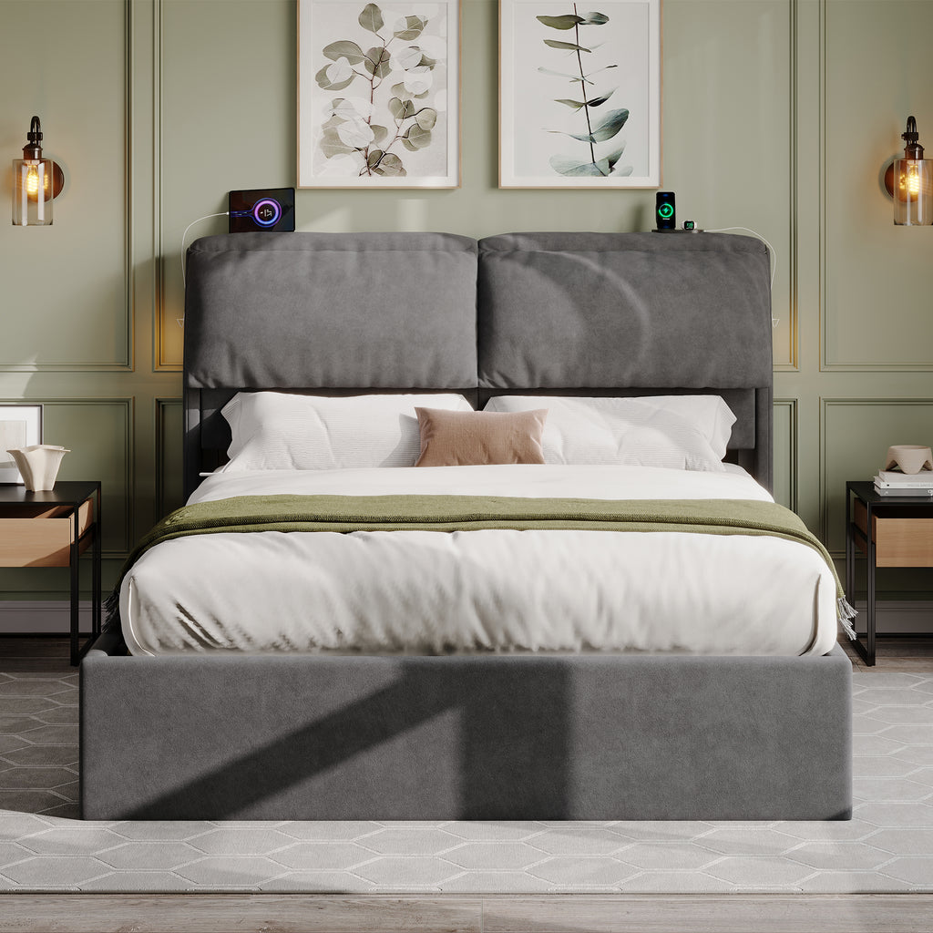 5ft King Bed with Hydraulic Storage, Velvet Upholstered Bed with Headboard Flip-top Storage and Drawers, Back Cushion Headboard with Charging Station and LED Night Light, Grey (No Mattress)