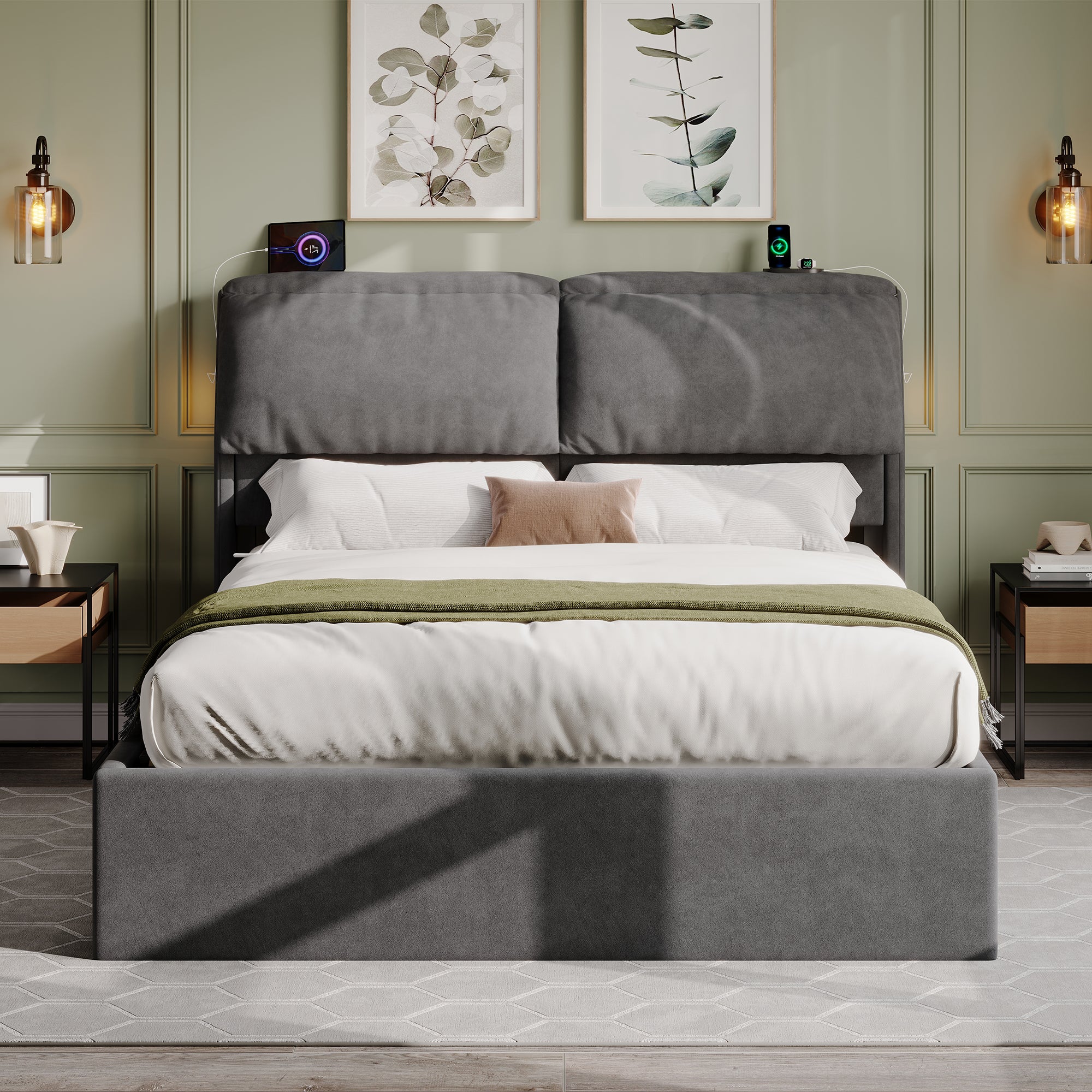 5ft King Bed with Hydraulic Storage, Velvet Upholstered Bed with Headboard Flip-top Storage and Drawers, Back Cushion Headboard with Charging Station and LED Night Light, Grey (No Mattress)