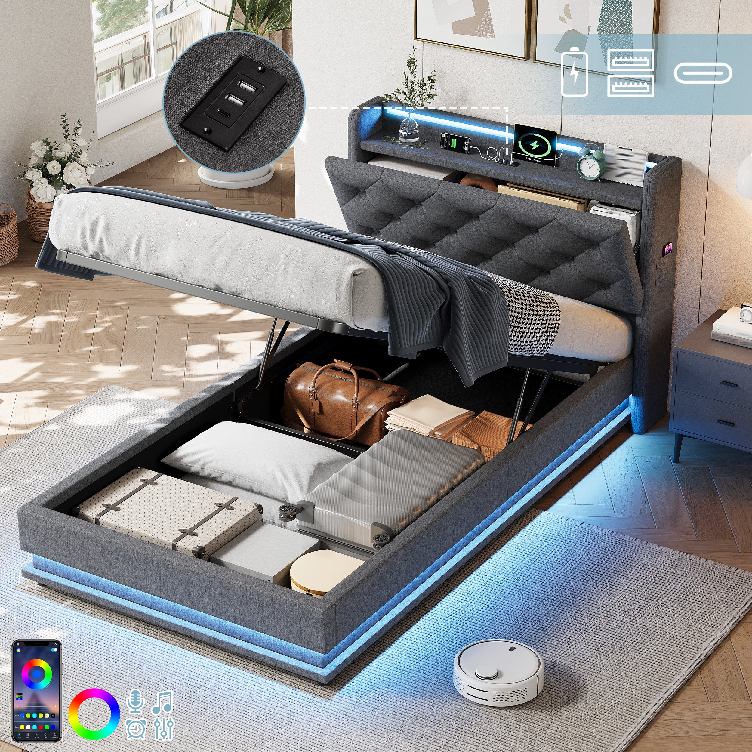 3ft Single Upholstered Bed Frame with Hydraulic Storage, LED Button Tufted Headboard with Charging Station and Concealed Headboard Storage, USB and Type-C Ports, Linen, Grey (No Mattress)