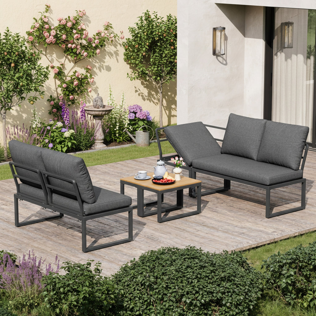4-5 Seater Garden Outdoor Set with Flexibly Convertible Plastic Wood Tables, Adjustable Corner Sofa and Lounge Chair, Weather-Resistant Patio Furniture for Garden, Balcony and Terrace, Linen, Grey