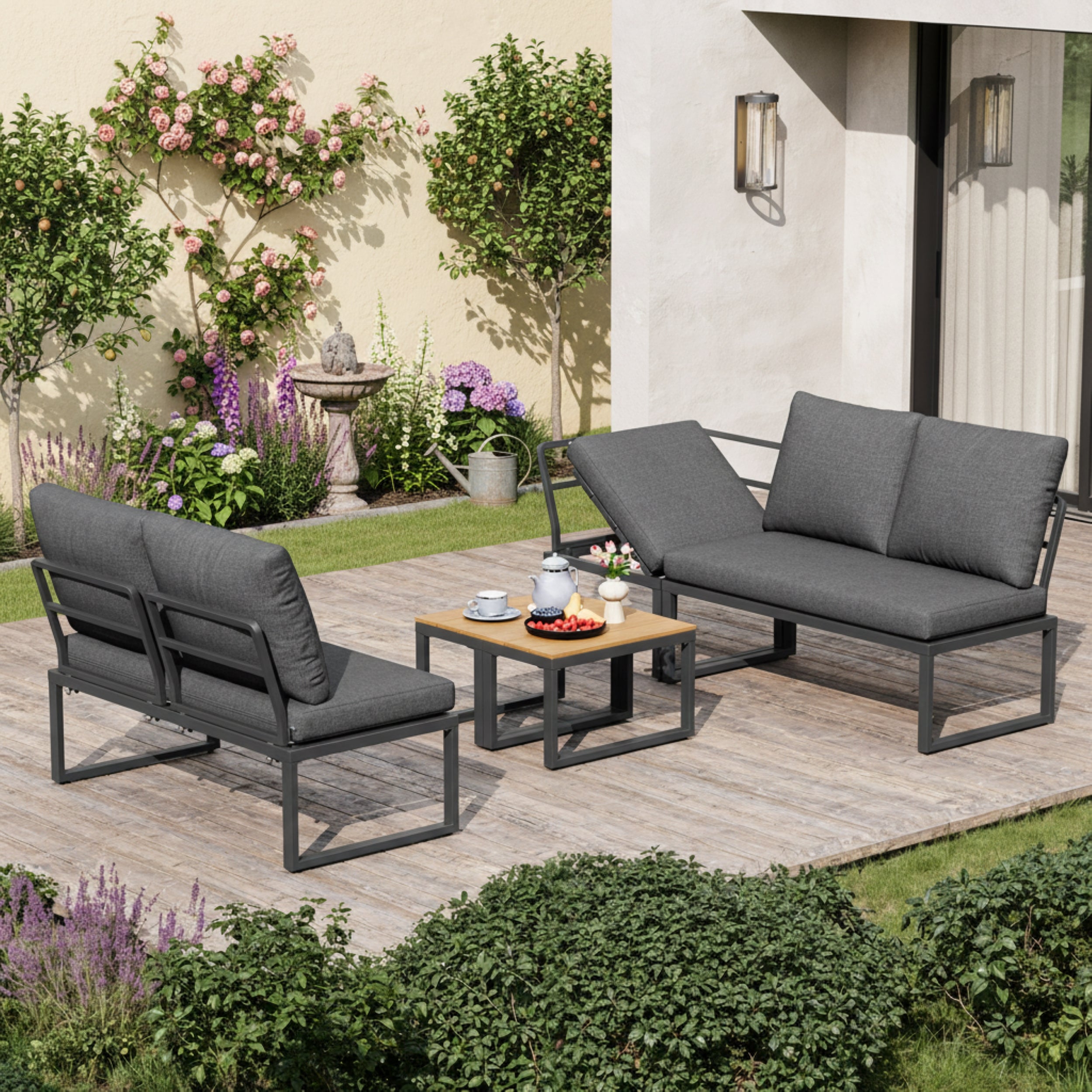 4-5 Seater Garden Outdoor Set with Flexibly Convertible Plastic Wood Tables, Adjustable Corner Sofa and Lounge Chair, Weather-Resistant Patio Furniture for Garden, Balcony and Terrace, Linen, Grey