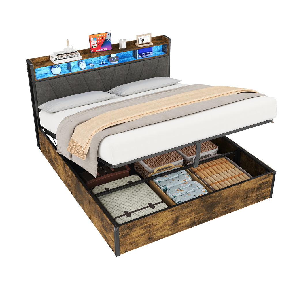 4ft6 Double Bed Frame with Hydraulic Storage, RGB LED Storage Headboard with Charging Station, USB and Type-C Ports, No Box Spring Needed, Easy Assembly, Black+Walnut (No Mattress)