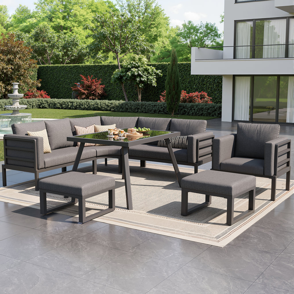 Crescent-shaped garden sofa set for 8 people / Sturdy iron frame with grey cushions / Complete with glass table, 1 armchair & 2 stools / Weatherproof patio furniture for balcony