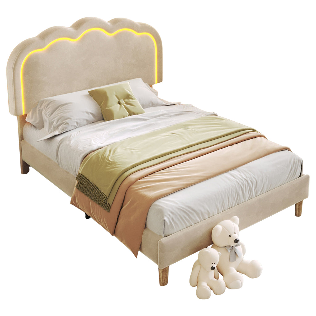 Upholstered Bed, 3ft 90x190cm Single Bed with LED, Bed Frame with Wooden Slats and Adjustable Height Headboard, Teen Bed for Bedroom and Guest Room, Beige, Velvet Material, Without Mattress.