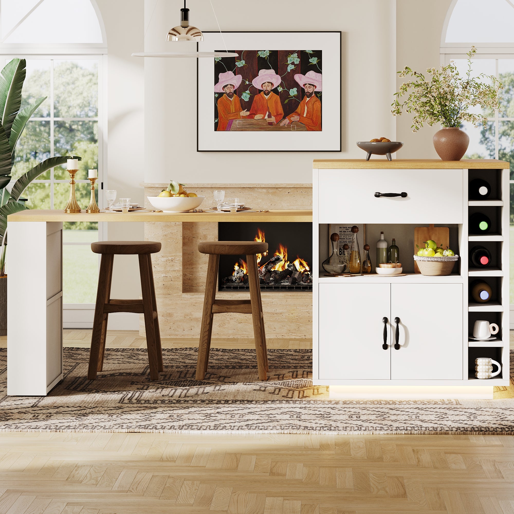 Extendable Kitchen Island with Dining Table, Multifunctional Storage Cabinet with Drawers, Doors, Wine Rack & LED Light, for Kitchen & Dining Room