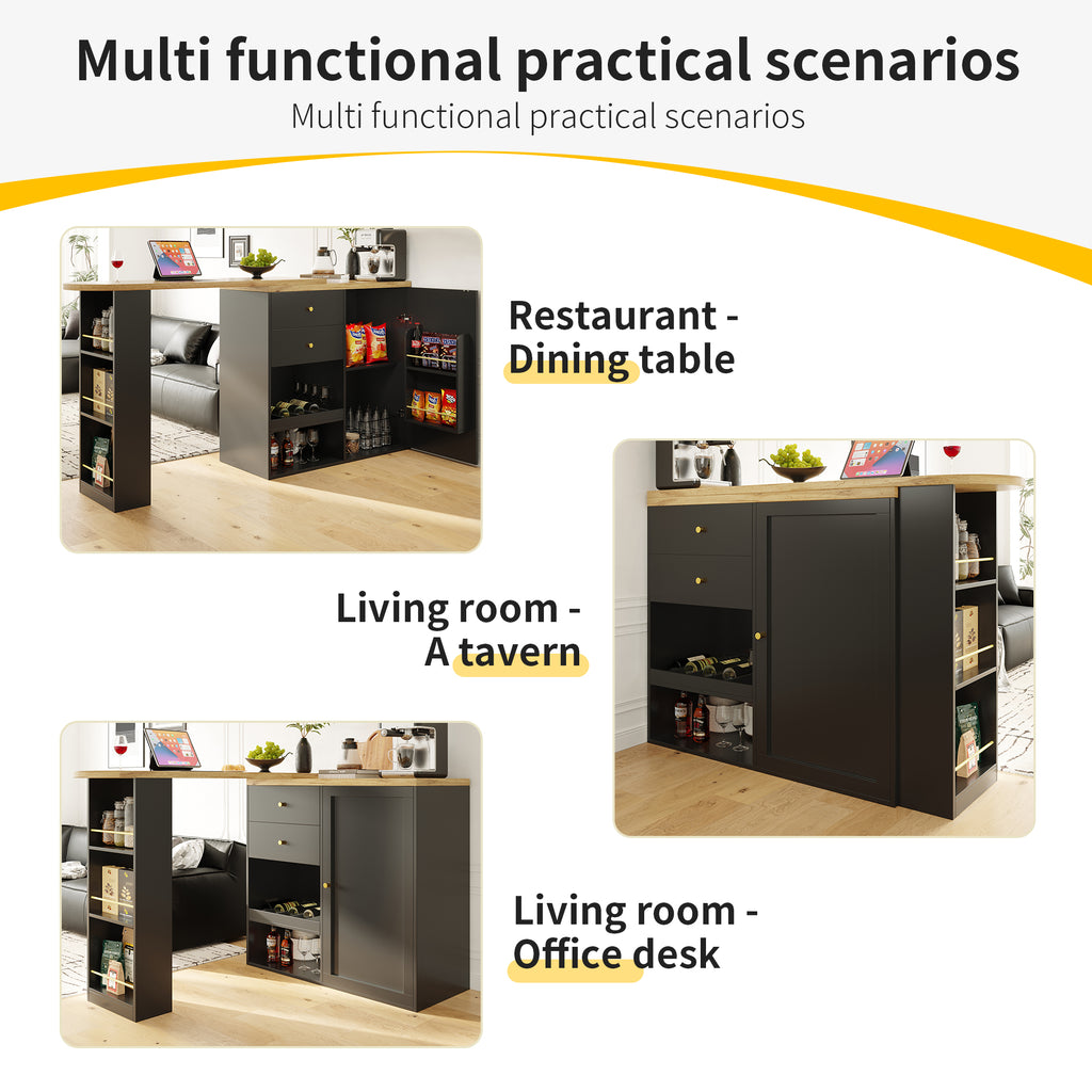 360° Swivelling Bar Table (105 x 39 x 102 cm), with 2 Drawers and Sliding Door Cabinet, 3 Levels of Open Storage Space, Suitable for Dining Room/Study/Living Room etc.