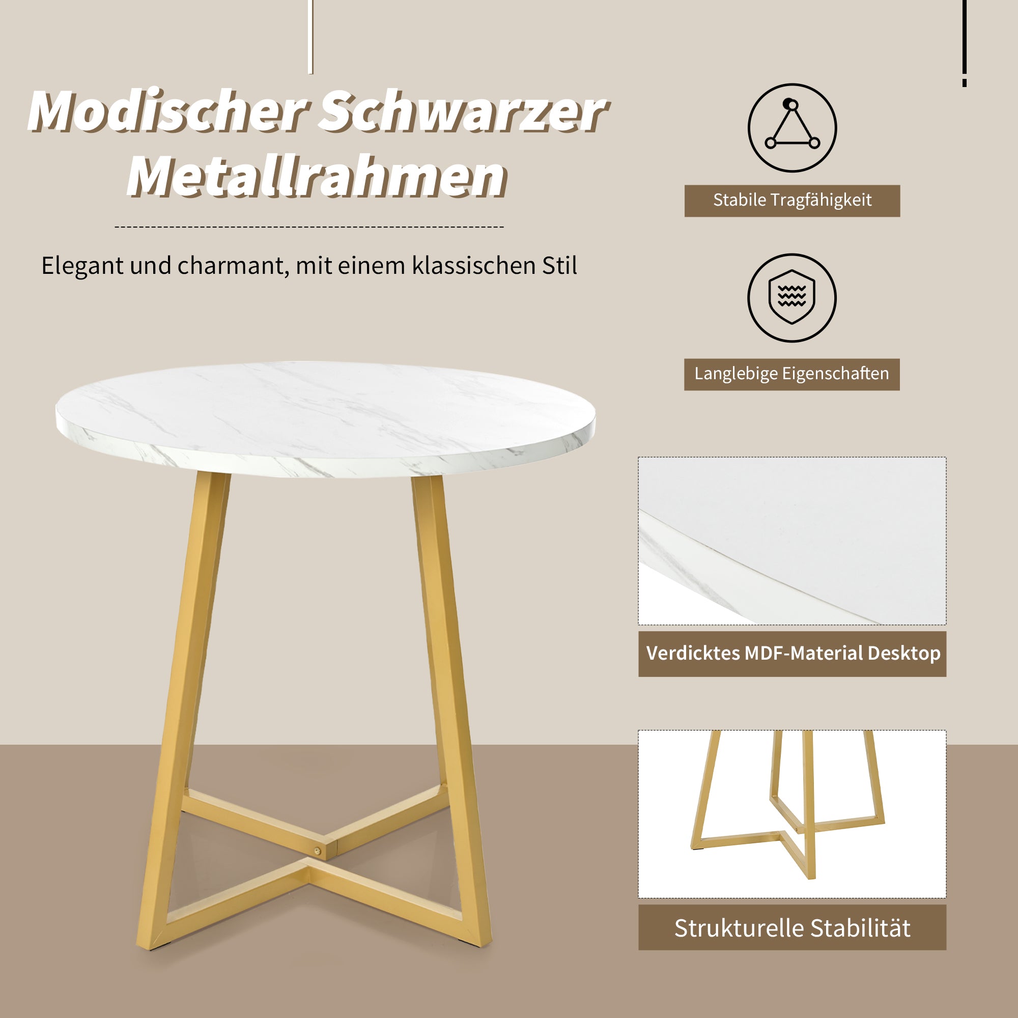 Dining Table Set (5 Pieces), Dining Table Set with 4 Chairs, Modern Kitchen Table Set, 80 cm Diameter Round Kitchen Table with Gold Metal Legs, White MDF Table Top, Dark Grey Velvet Dining Chairs