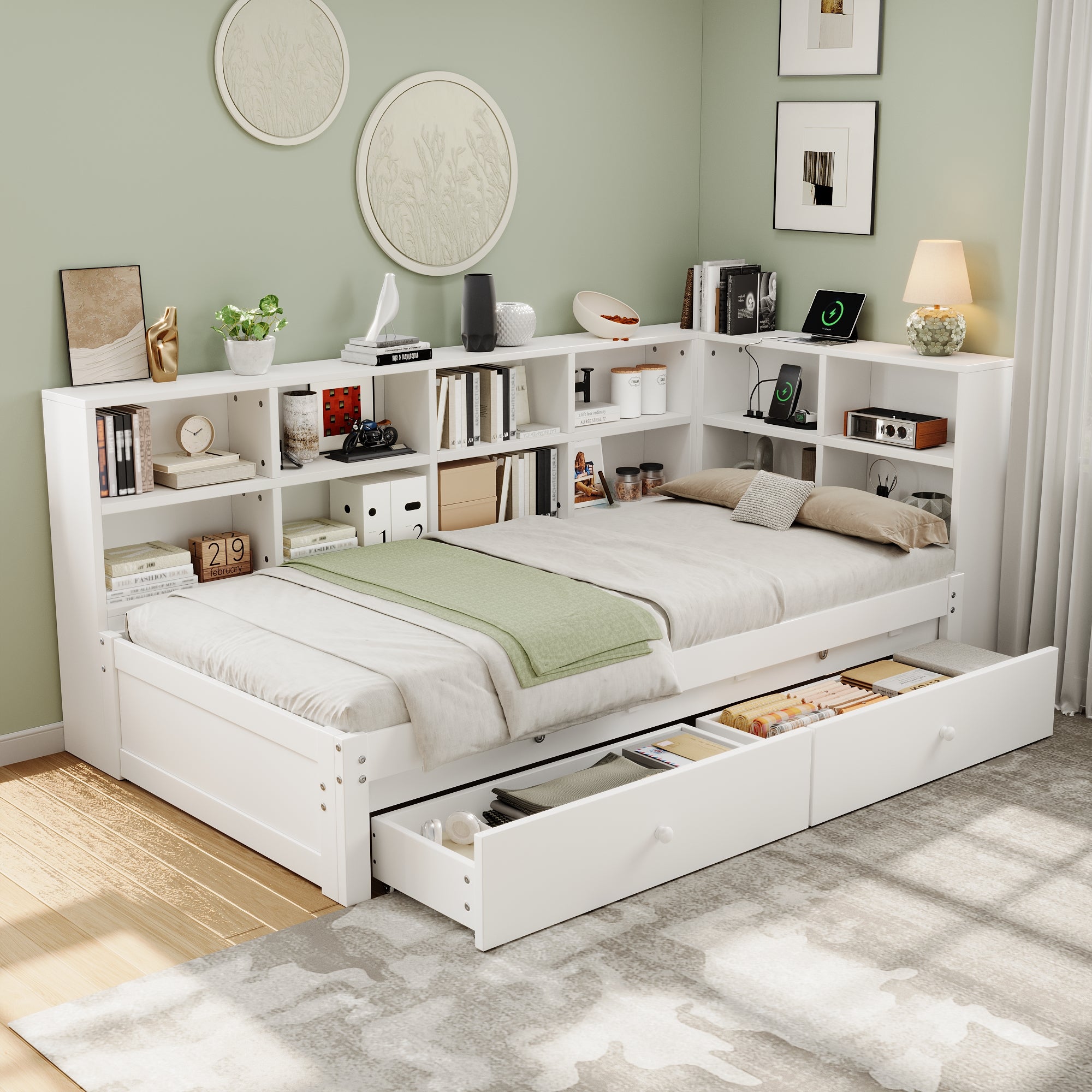 3ft Single Daybed with Two Storage Drawers and Beside Storage, Modern Pull-out Trundle Bed with Charging Station, Wood Bed for Living Room/ Bedroom/ Study Room, 90X190cm, White (No Mattress)