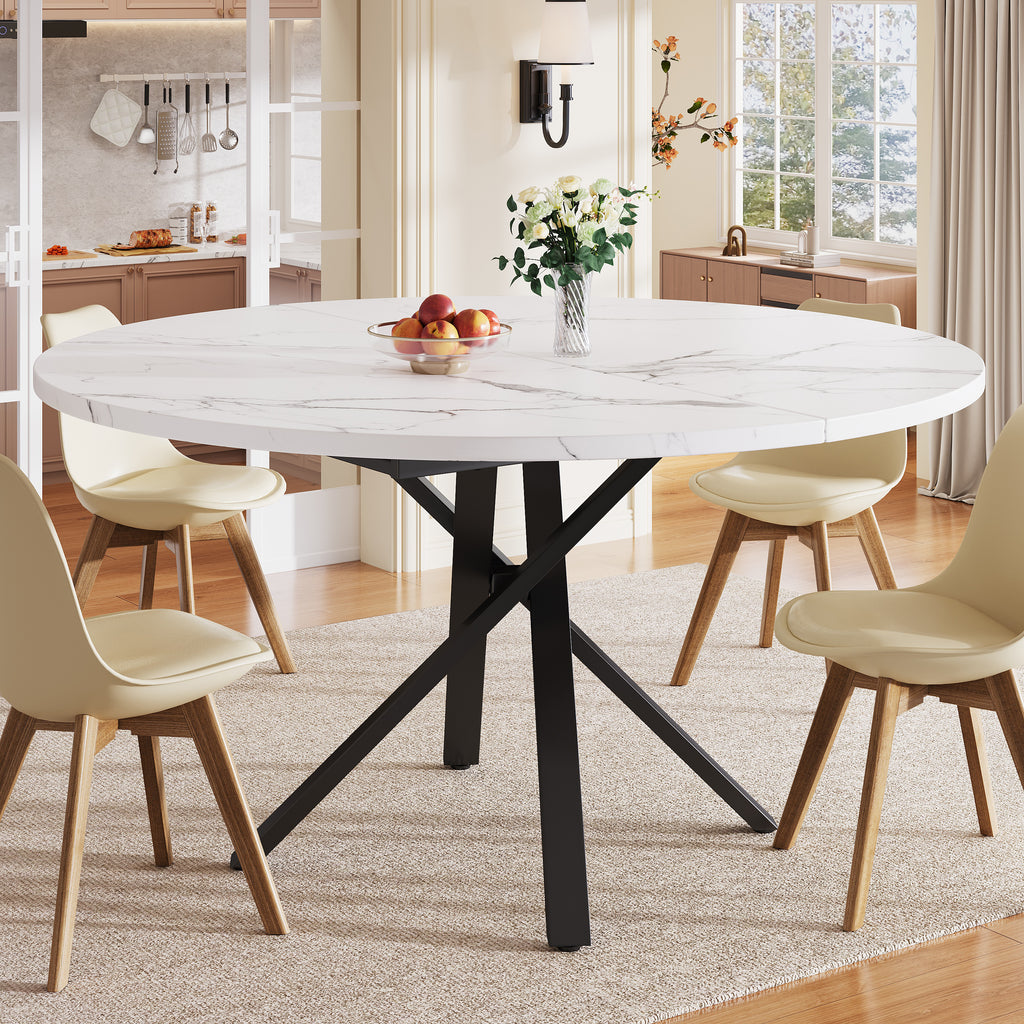 Extendable dining table 100-140cm, round-oval table, stable X-metal frame, adjustable feet, white&black