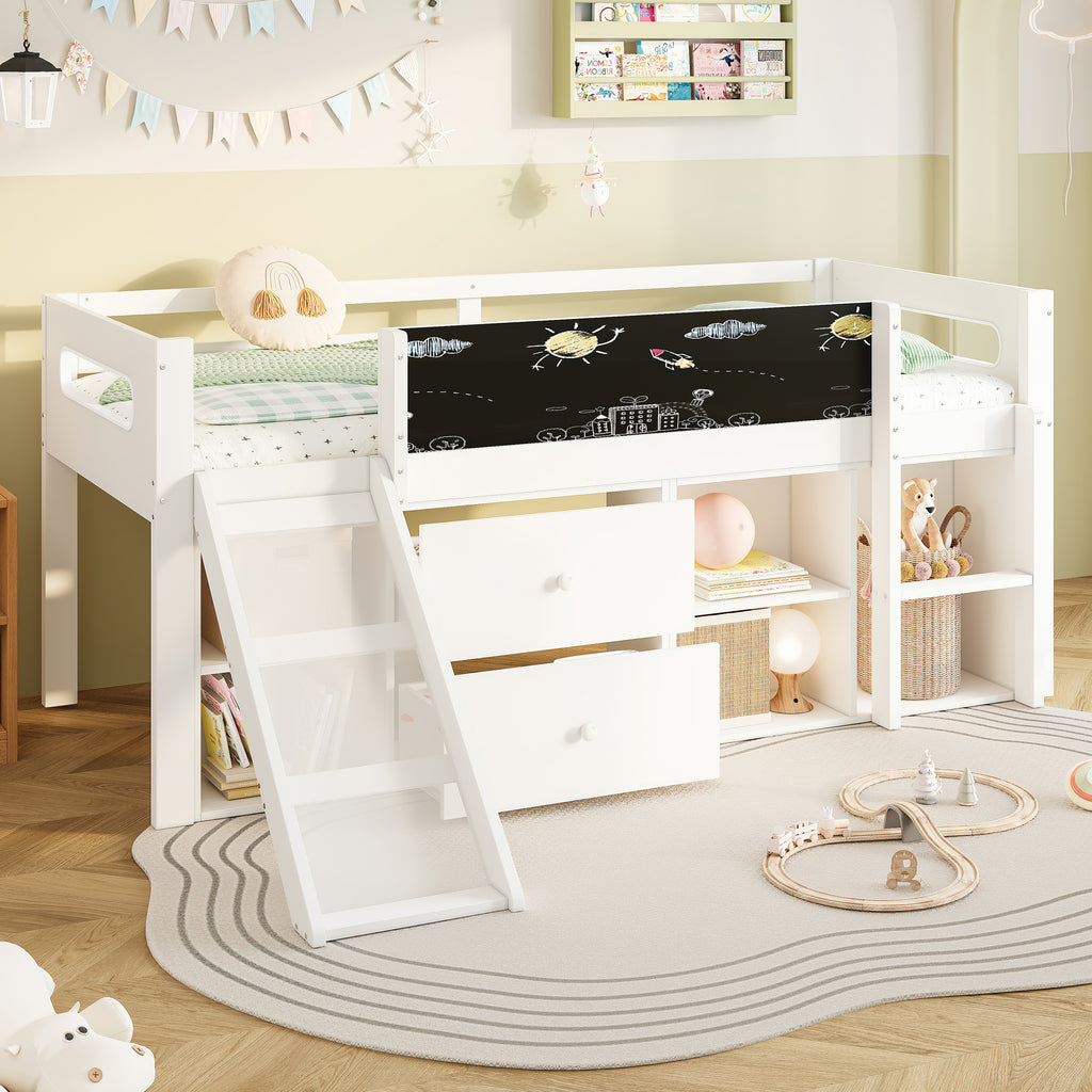 3ft Single Modern Wood Bed with Slide & Blackboard, Wooden Children's Cabin Bed with 2 Drawers & Storage Shelves, Interchangeable Ladder, Space-Saving Loft Bed, White (No Mattress)