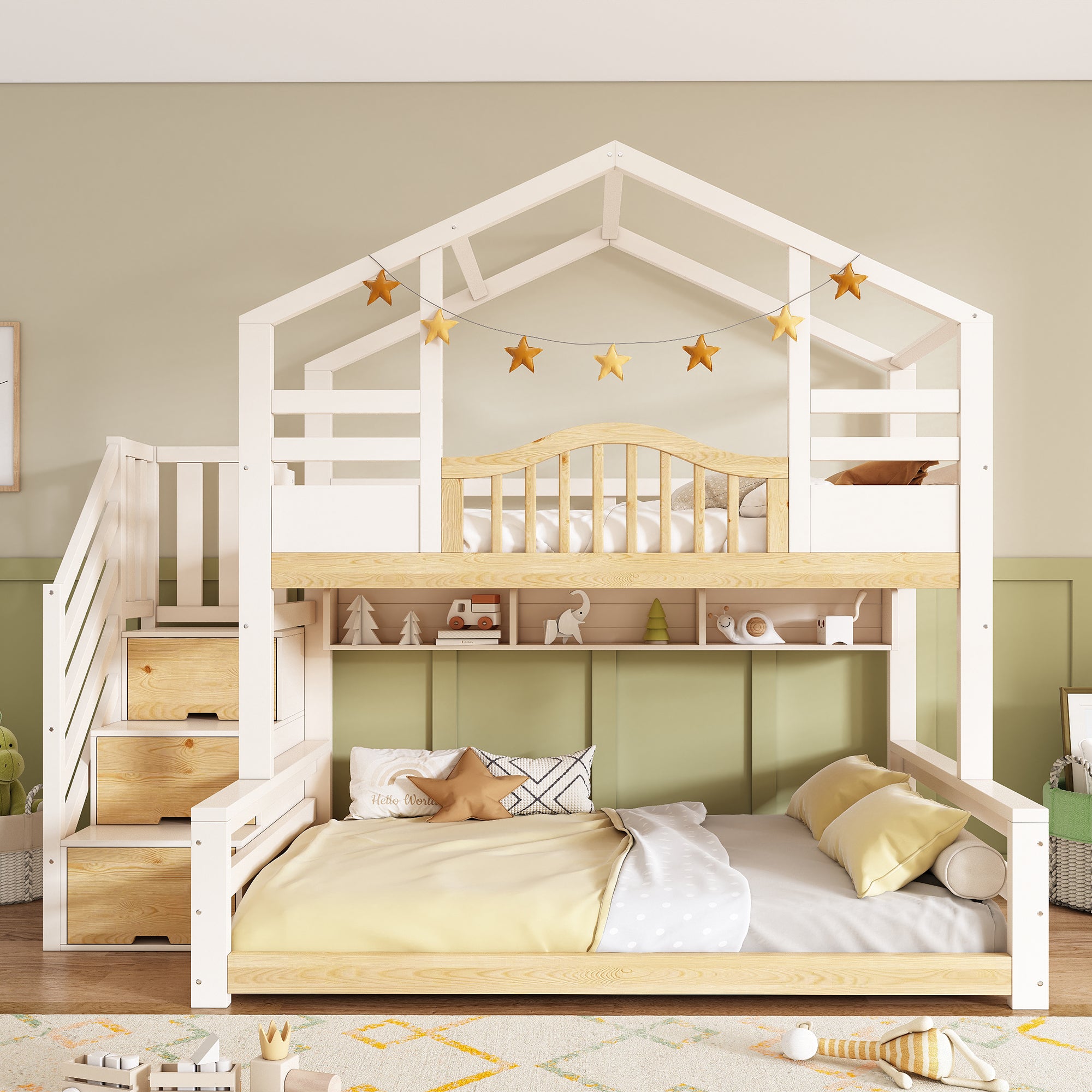 Bunk Beds for Kids, Staircase Bunk with Storage Space, Small House-shaped Children's Bed, Double Bunk Bed for Family with Multiple Children, (90+135) x 190 cm, Solid Wood, White & Natural