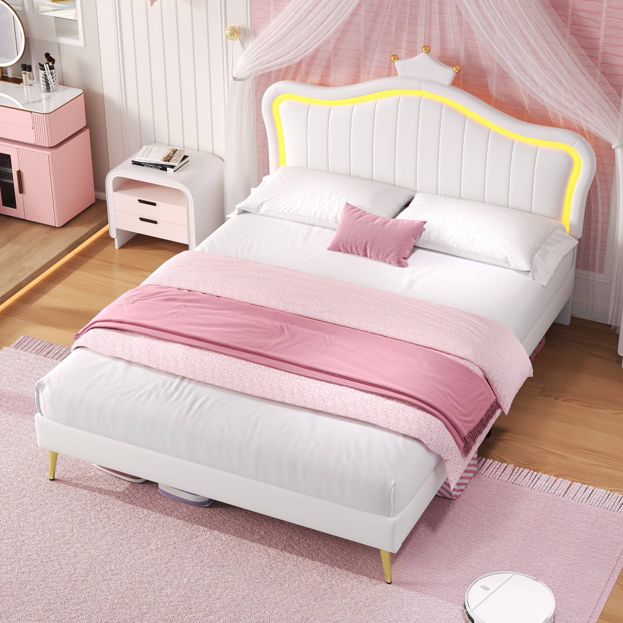 4ft6 Double Upholstered Bed with LED Adjustable Crown Shape Headboard, PU Leather Bed Frame with Solid Wood Slat, No Box Spring Needed, Easy Assembly, Cream White (No Mattress)